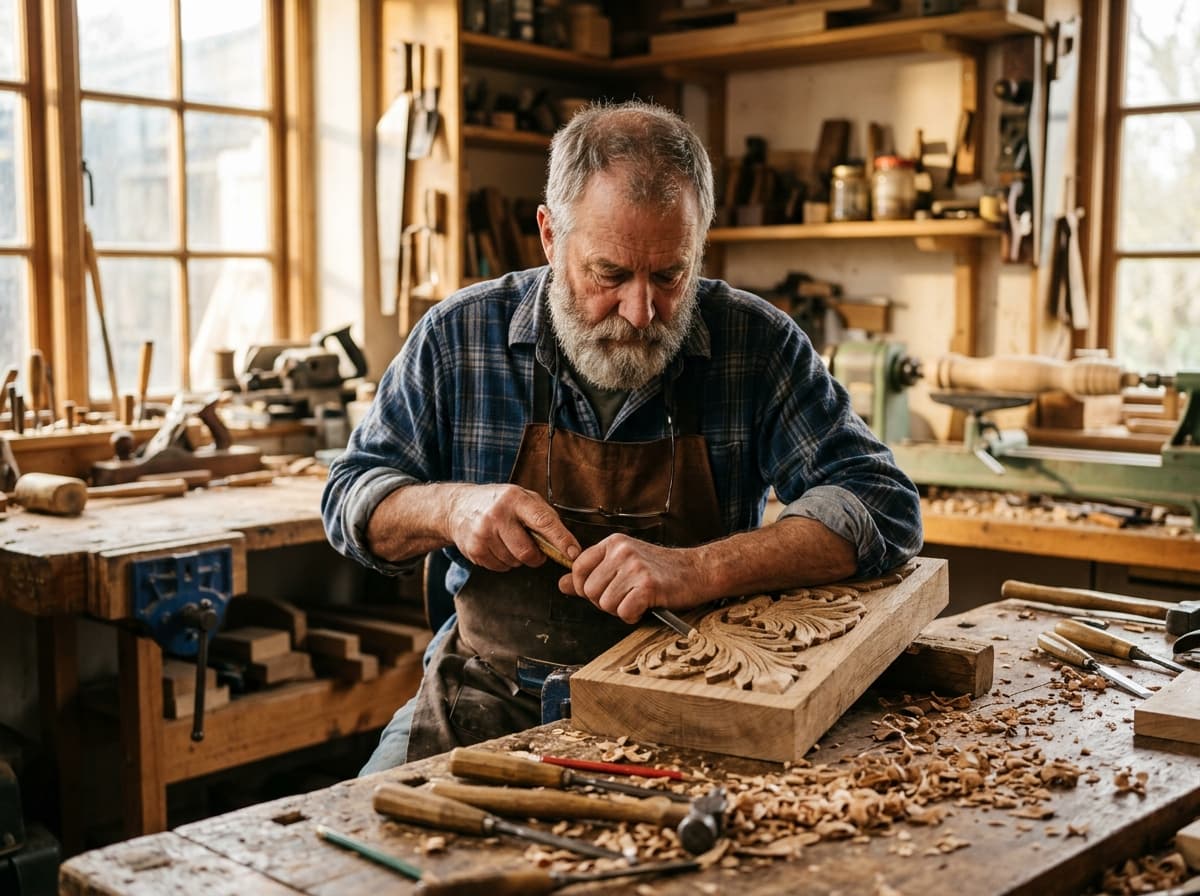 Master woodworker carving handcrafted furniture in a workshop