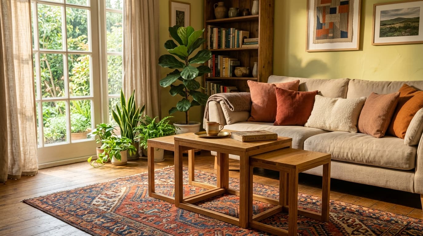Handcrafted solid wooden nesting tables in a styled living room
