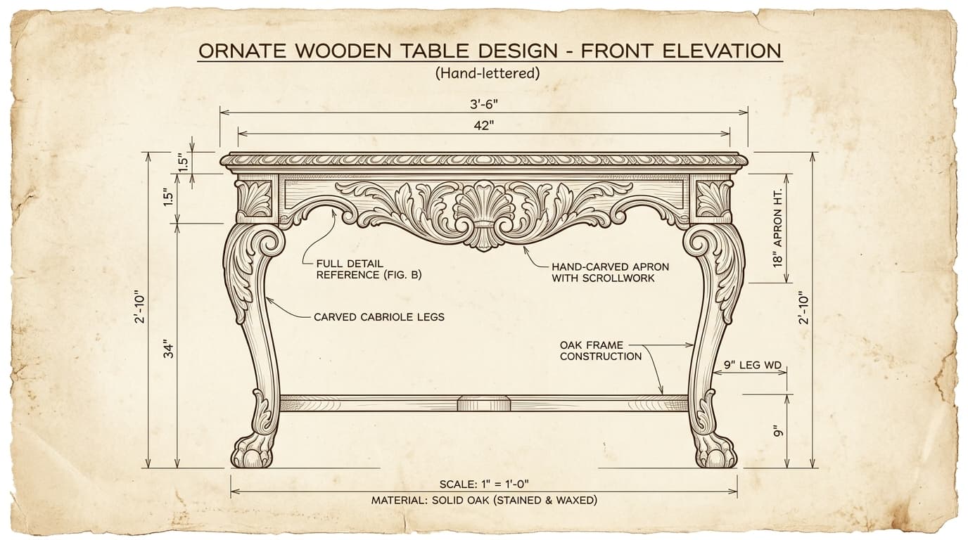 Architectural drafting blueprint of an ornate handcrafted wooden table