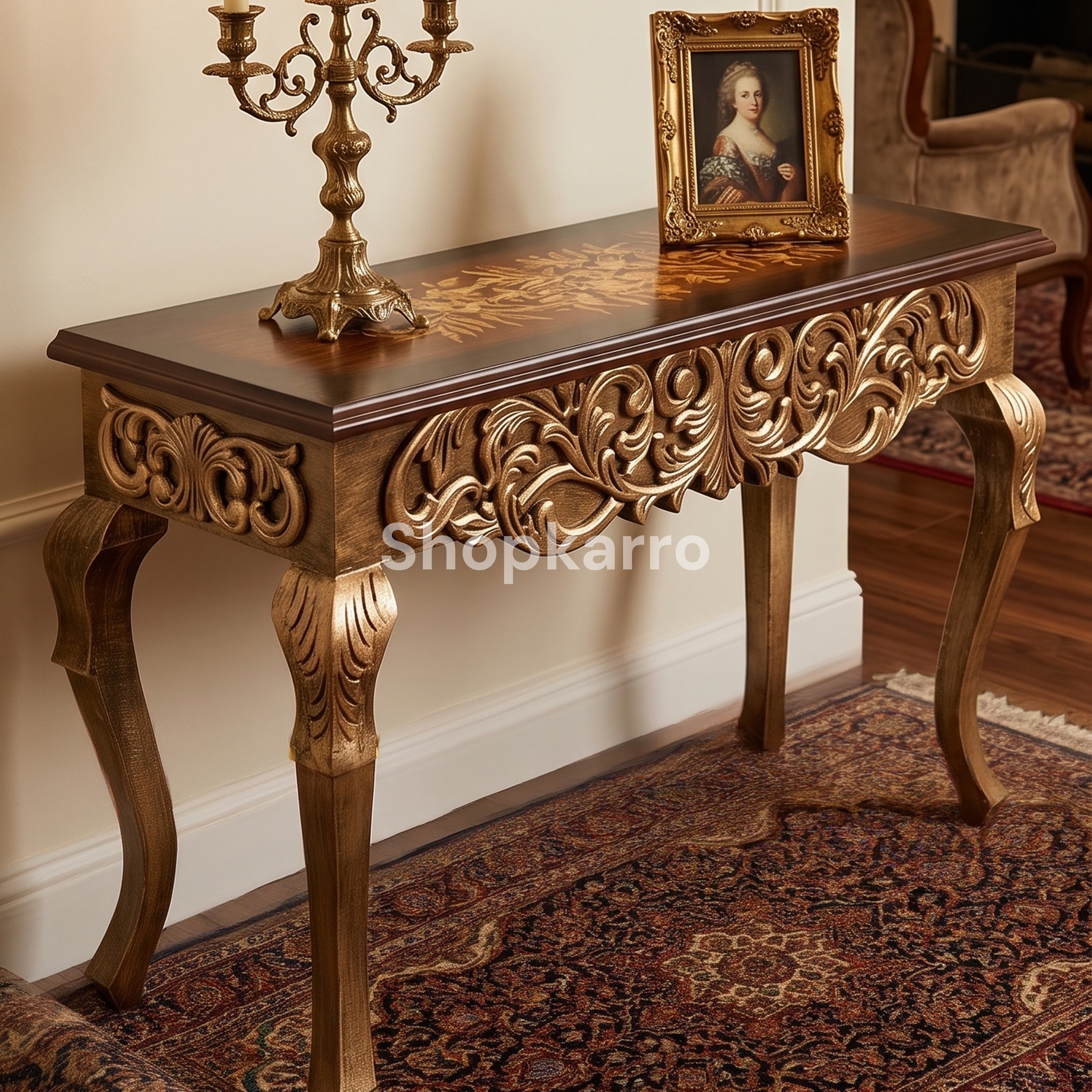 Royal Amber Console in dramatic royal interior with walnut walls and warm spotlight