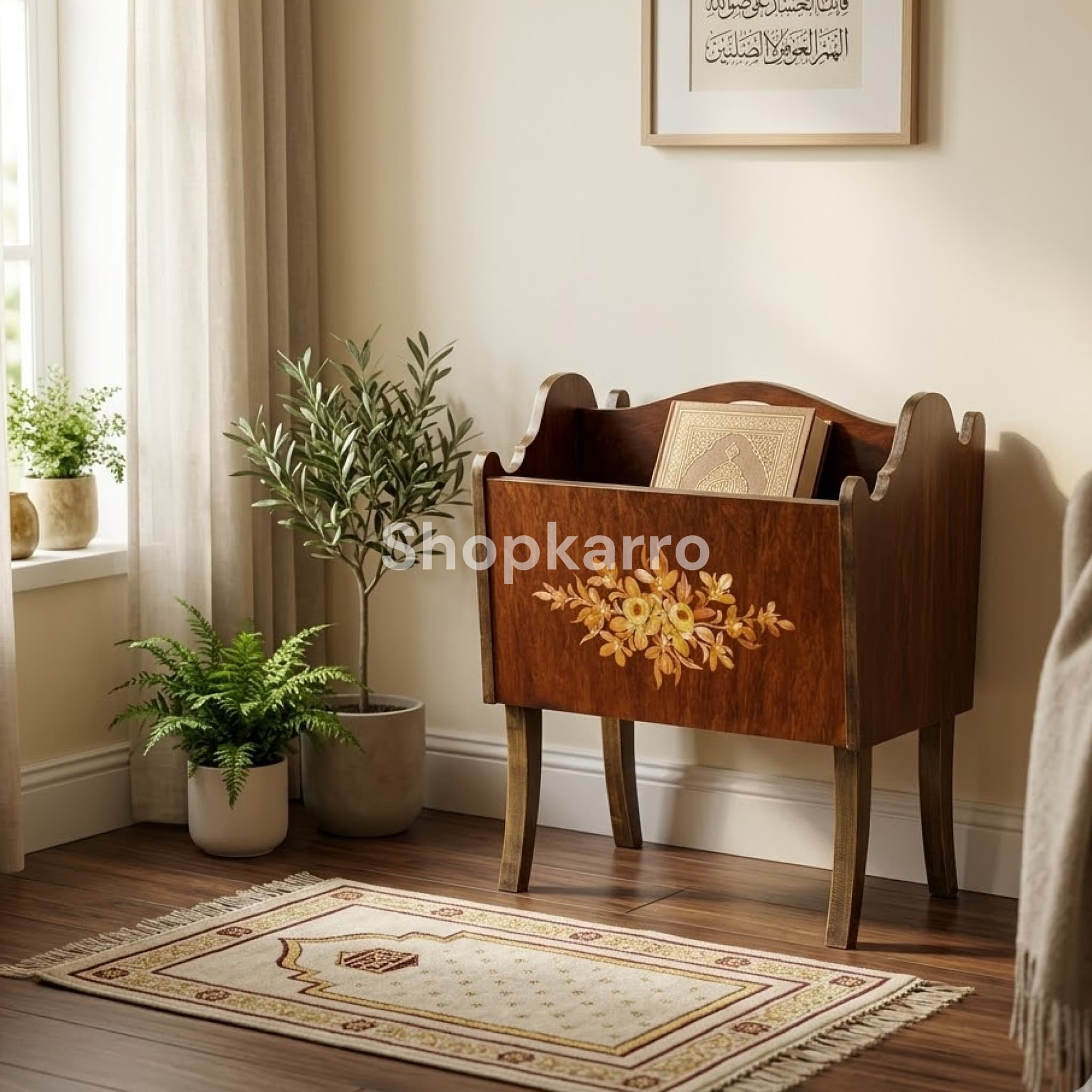 Golden Oak prayer storage box beside classic armchair in traditional Pakistani drawing room