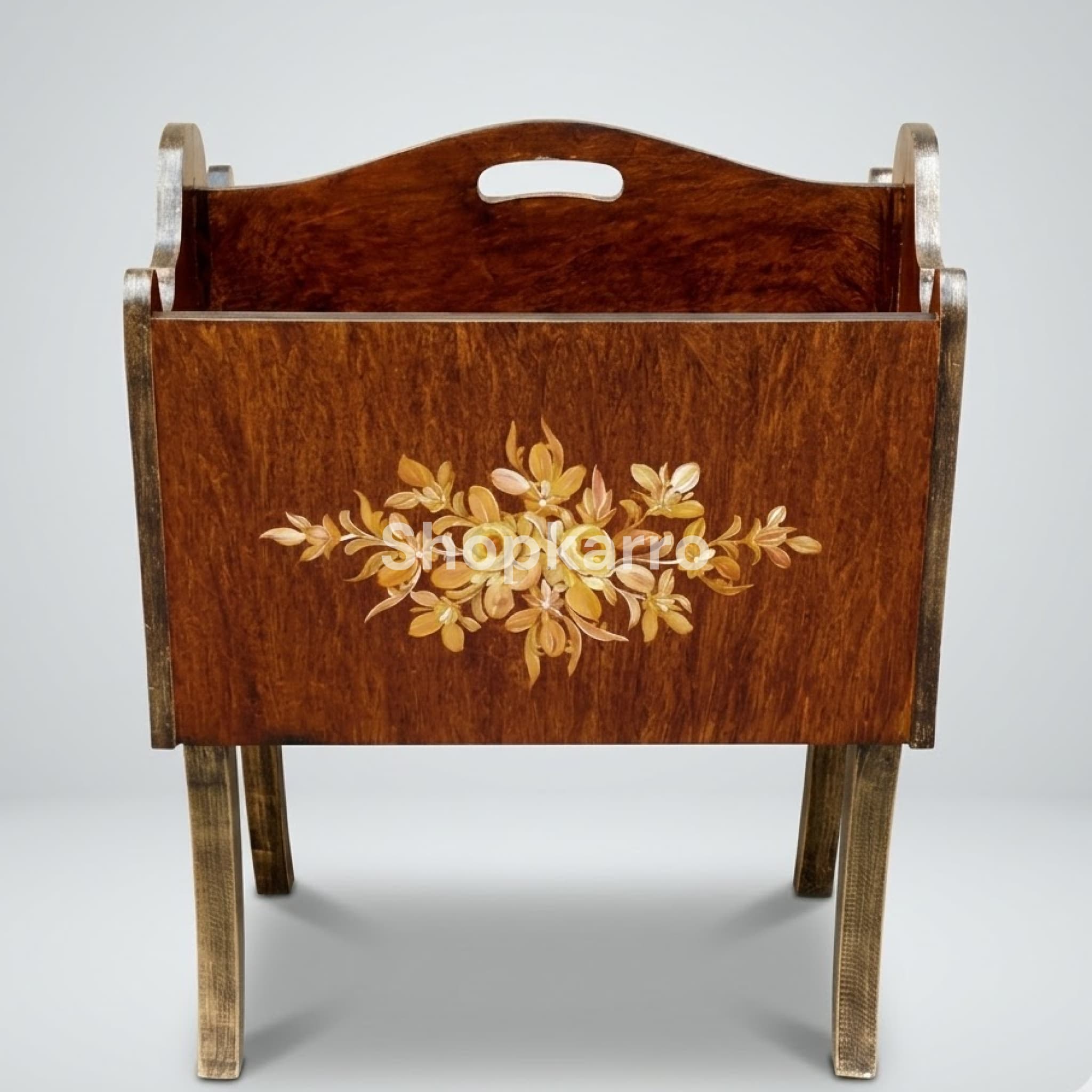 Front view of Golden Oak Jaaye Namaz Box showing golden floral painting, scroll side arms and tapered legs on gray background