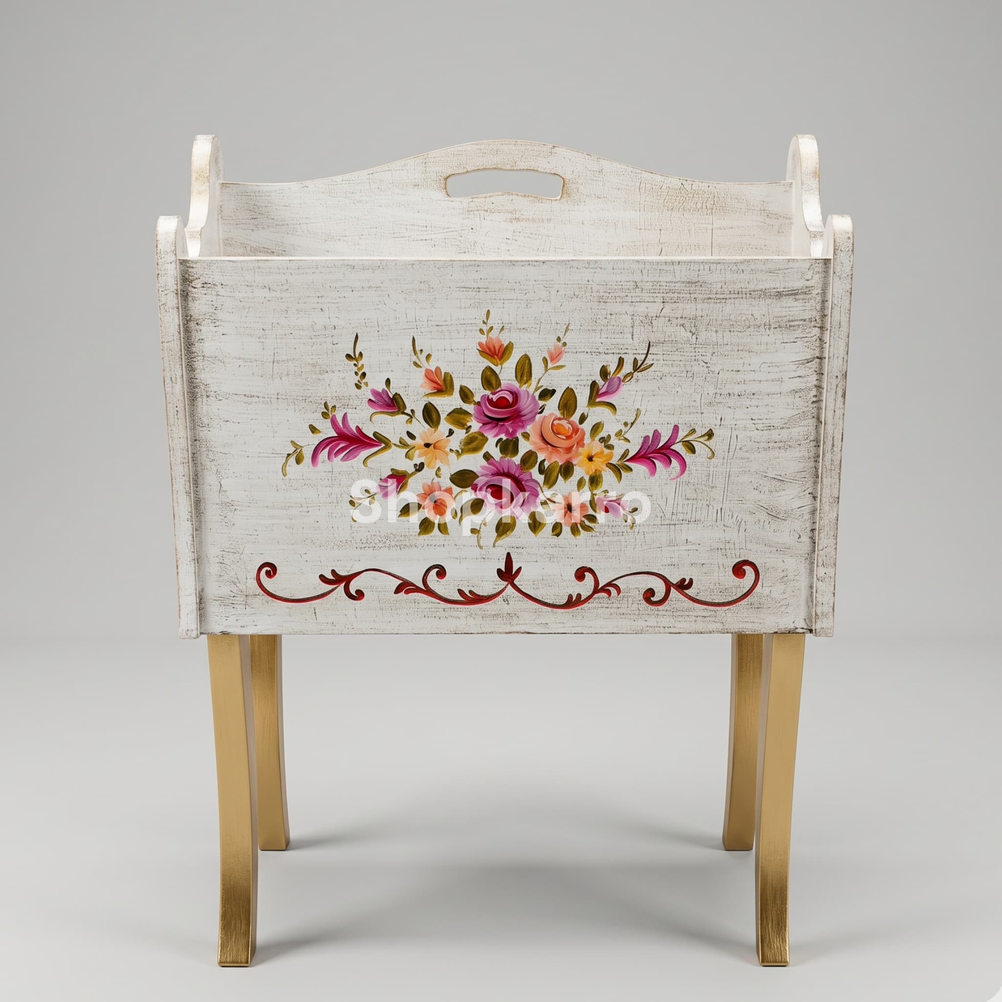 Front view of Vintage Aura Jaaye Namaz Box showing floral painting, vine scrollwork and golden legs on gray background
