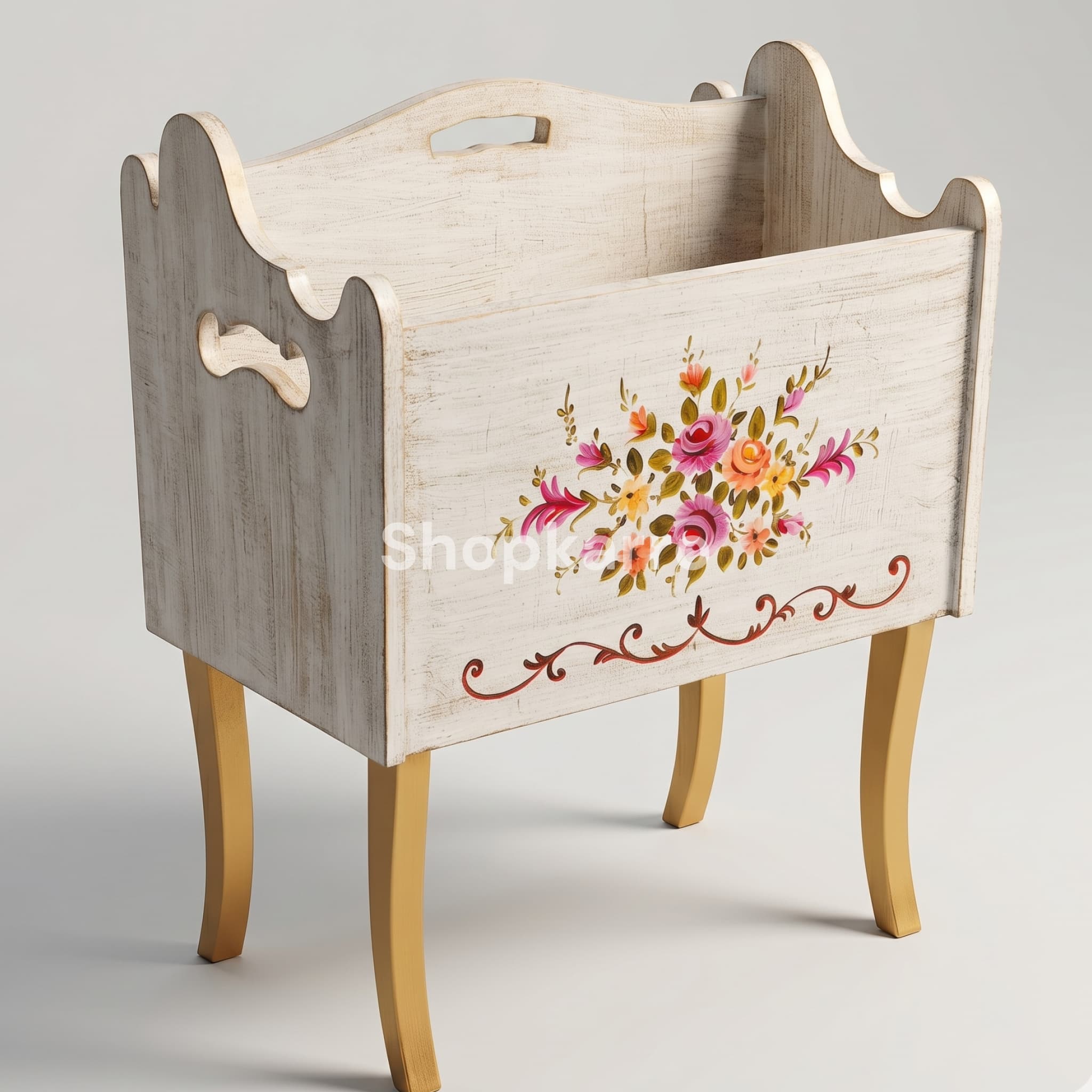 Angled view of white antique open-top wooden Quran and jaaye namaz storage box with golden tapered legs