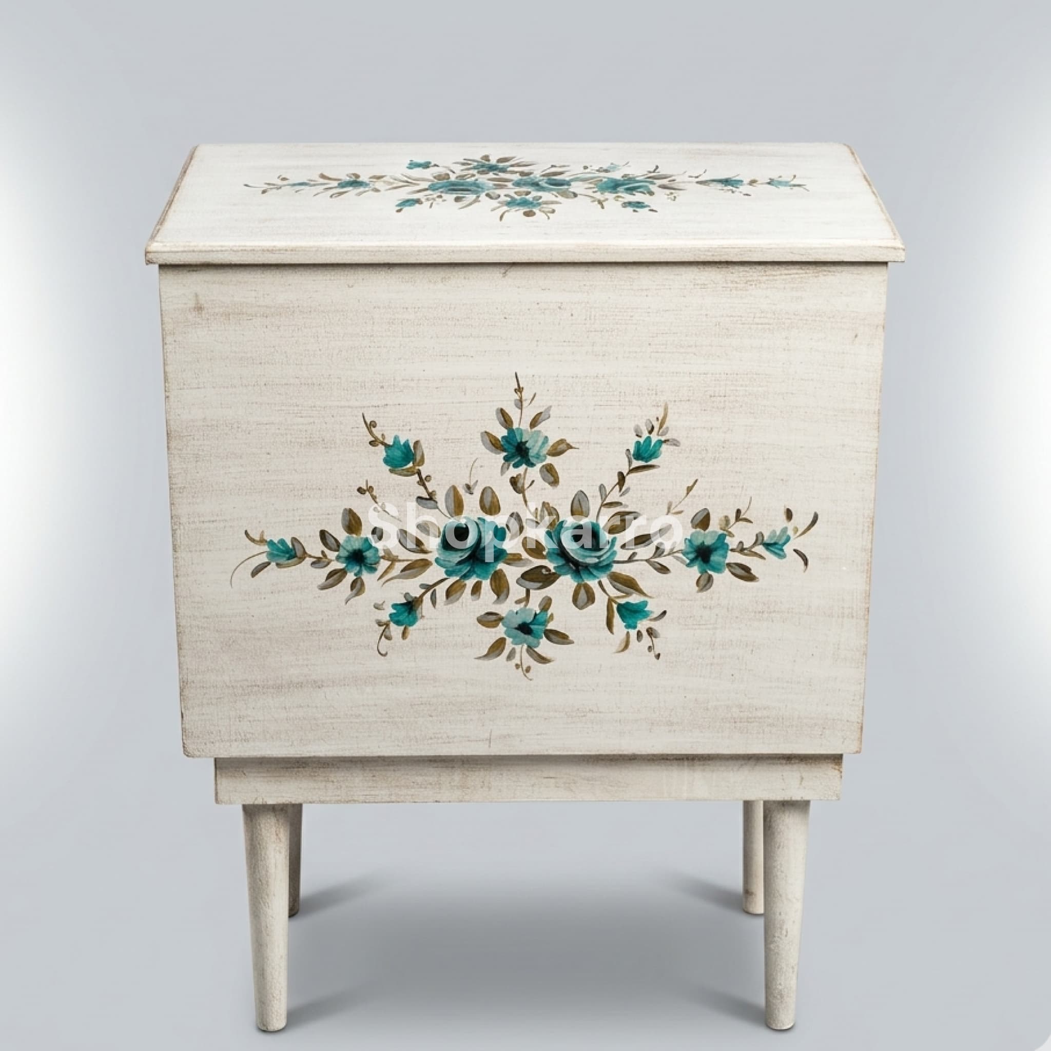 Front view of Divine Grace Quran Box showing turquoise rose bouquet on antique white finish with tapered legs