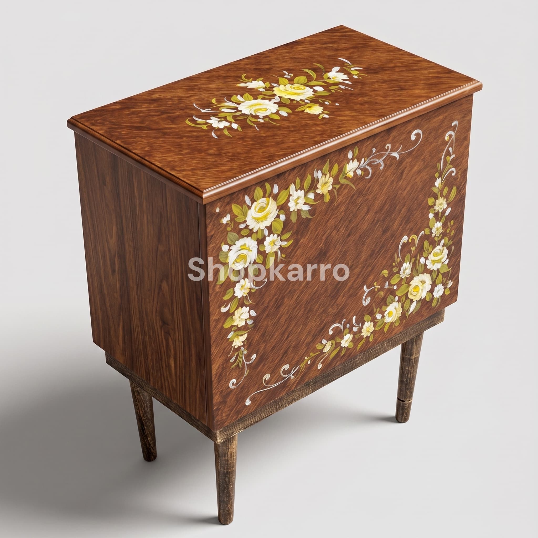 Angled view of walnut wooden Quran storage box showing lid and front floral painting detail