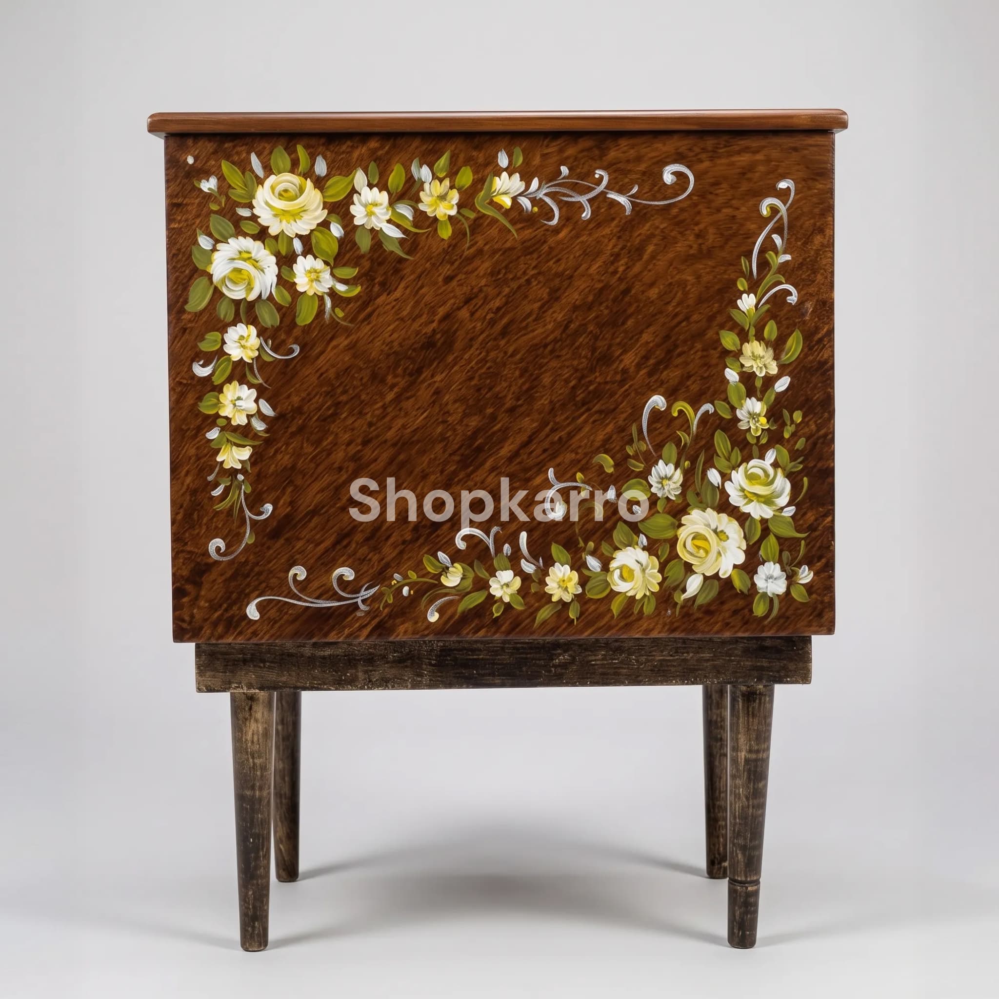 Front view of Onyx Bloom Quran Box showing hand-painted rose bouquets and slim tapered legs