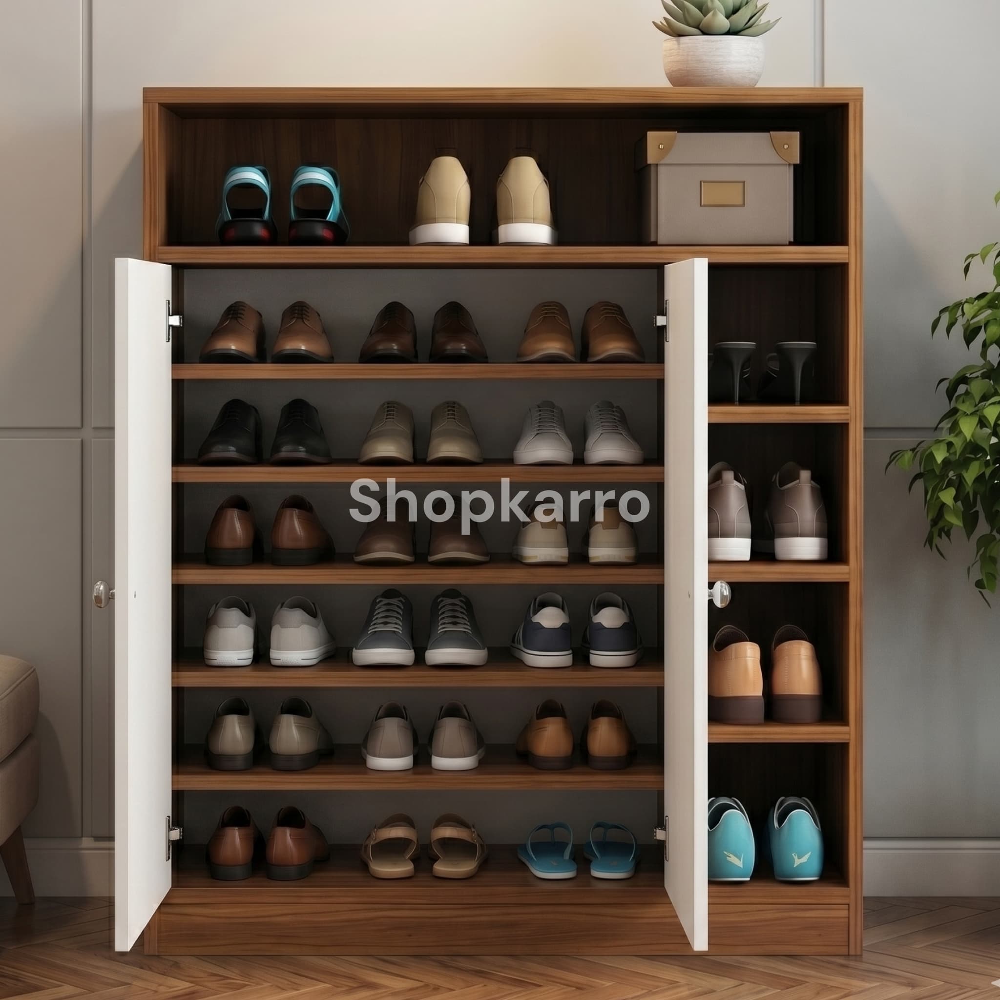Front view of Rio Shoe Wardrobe showing walnut body, white double doors with chrome knobs and side display racks