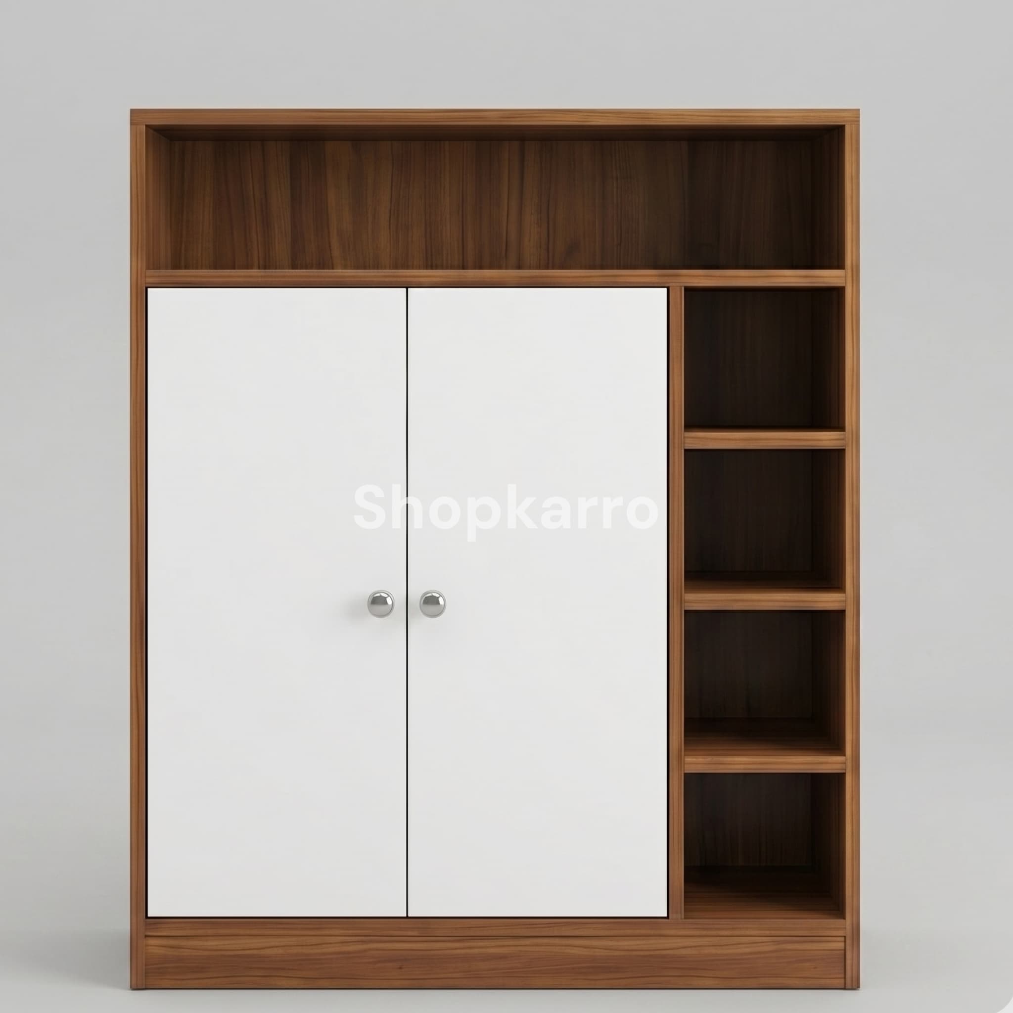 Rio Shoe Wardrobe styled with plant on top shelf and organized shoes displayed on side racks