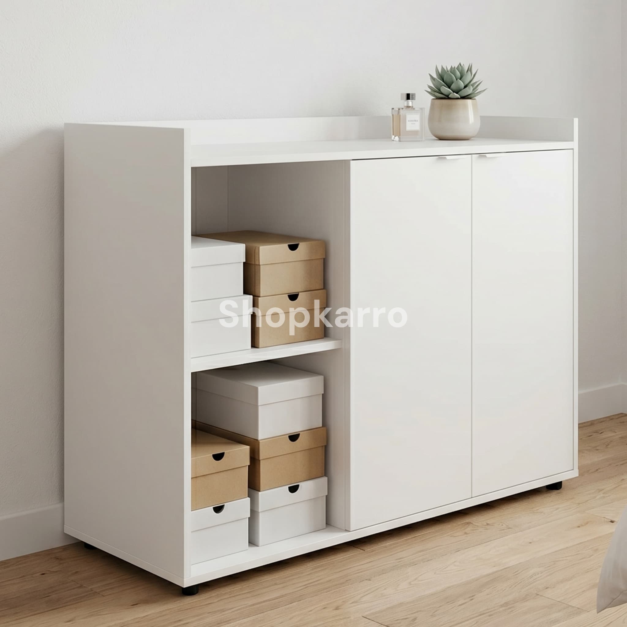 Front view of Lumina Shoe Organizer showing white finish, open left compartment and closed double door cabinet