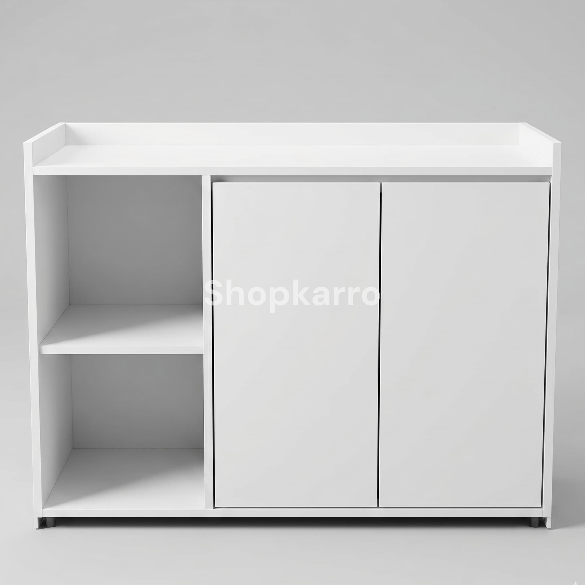 Front view of Lumina Shoe Organizer with double doors open showing 3 interior shelves and soft-close hinges