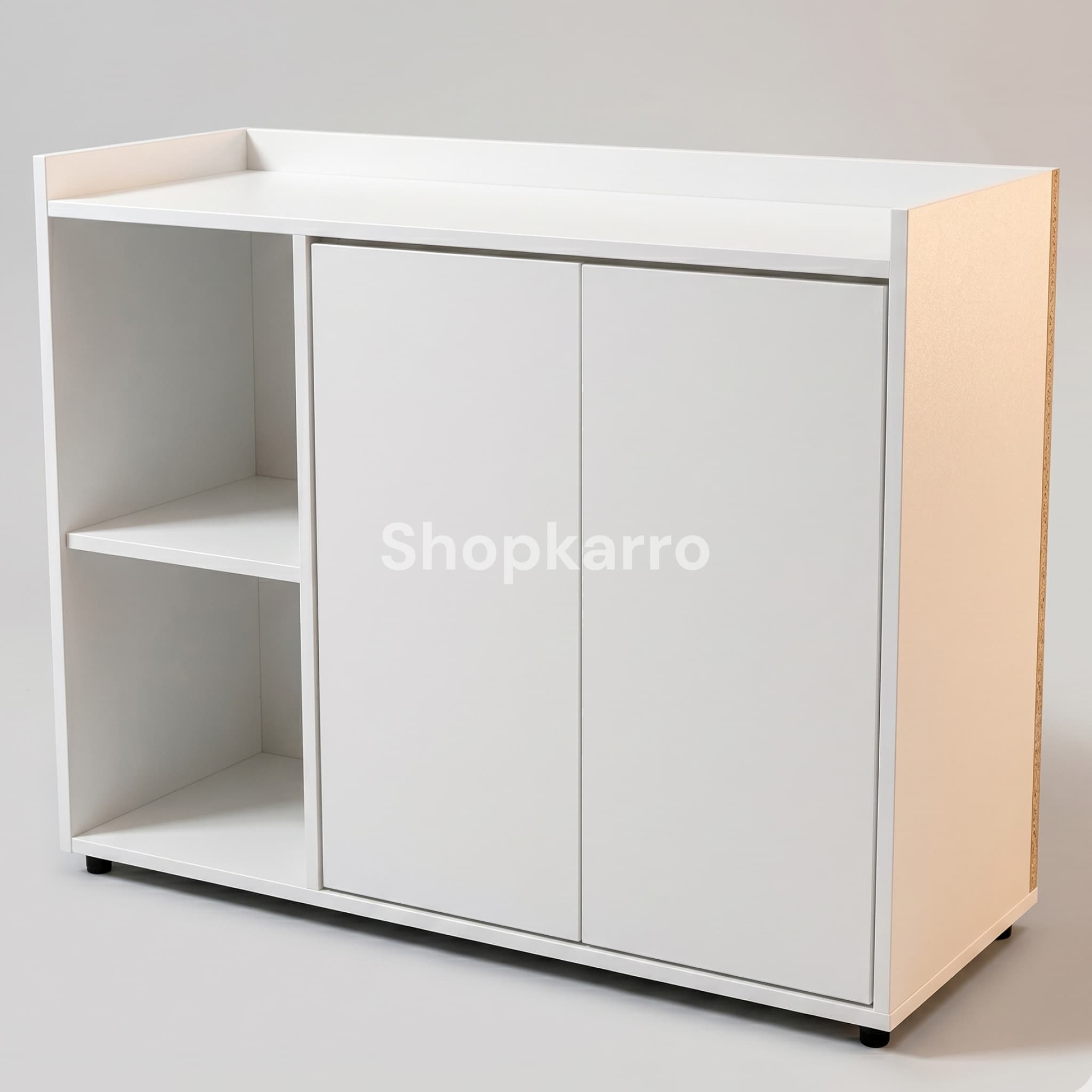 Angled view of Lumina Shoe Organizer showing depth, raised top panel and dual-zone storage layout