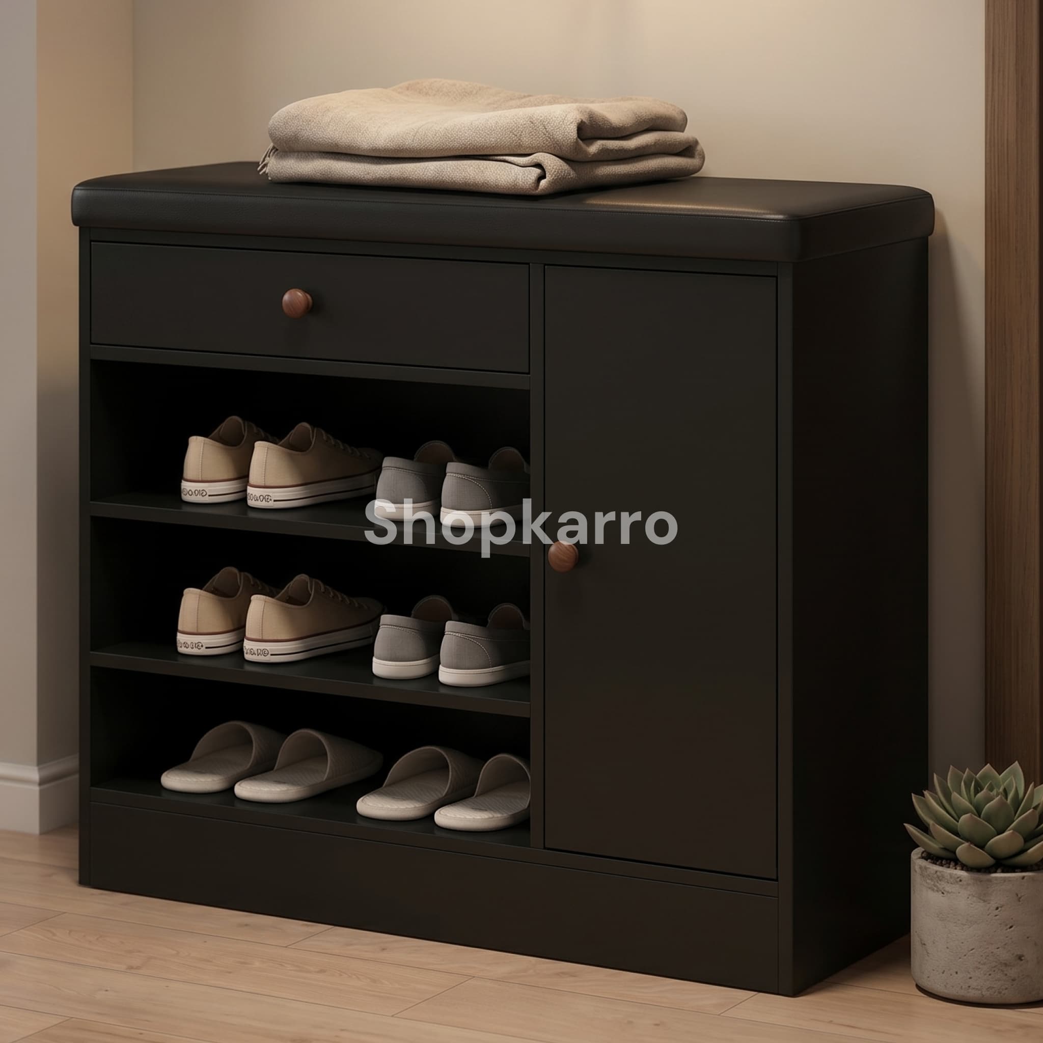 Front view of Astor Shoe Organizer showing padded seat, drawer with walnut knob, open shelves and side boot cabinet