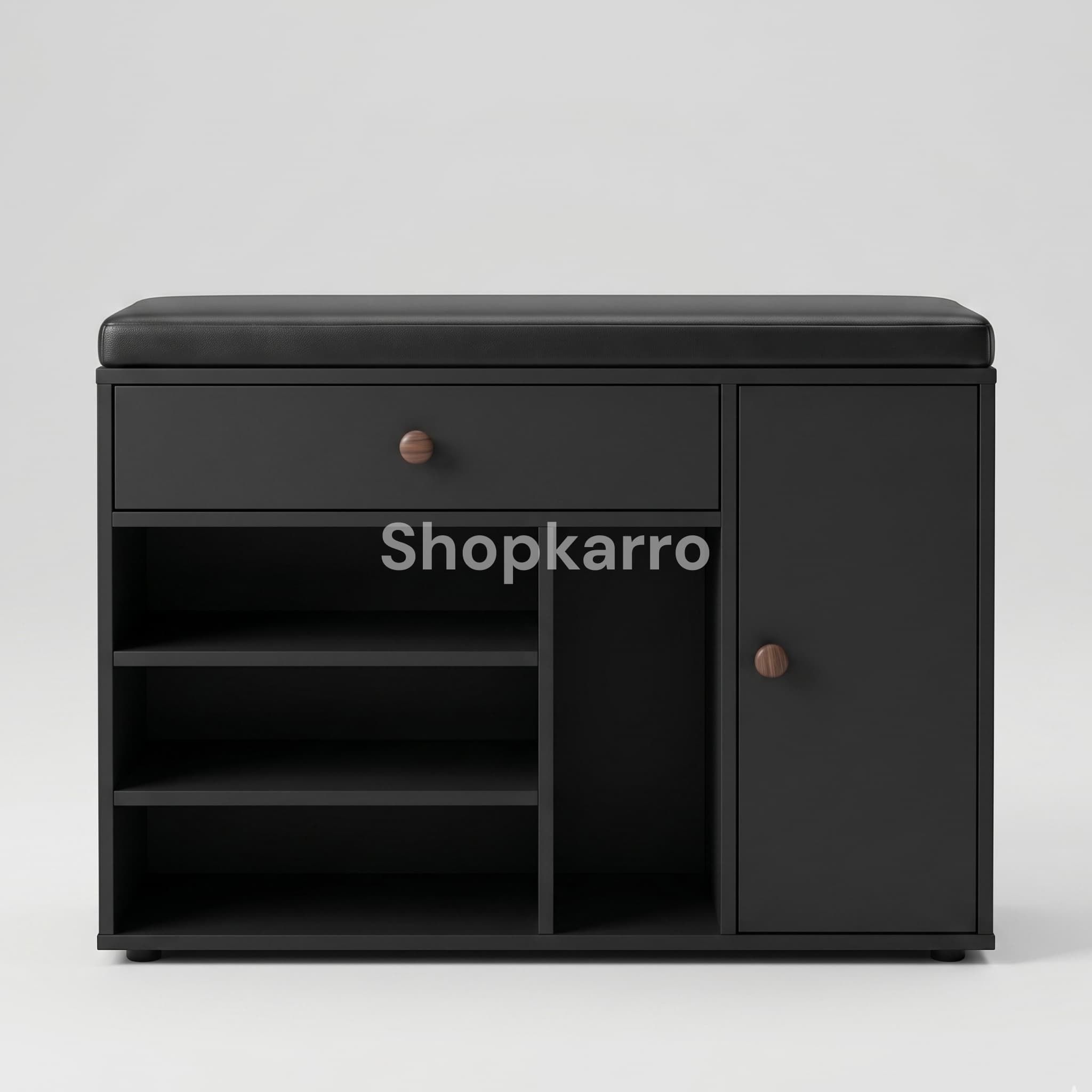 Astor Shoe Organizer styled with organized sneakers on shelves and brown boots in side cabinet
