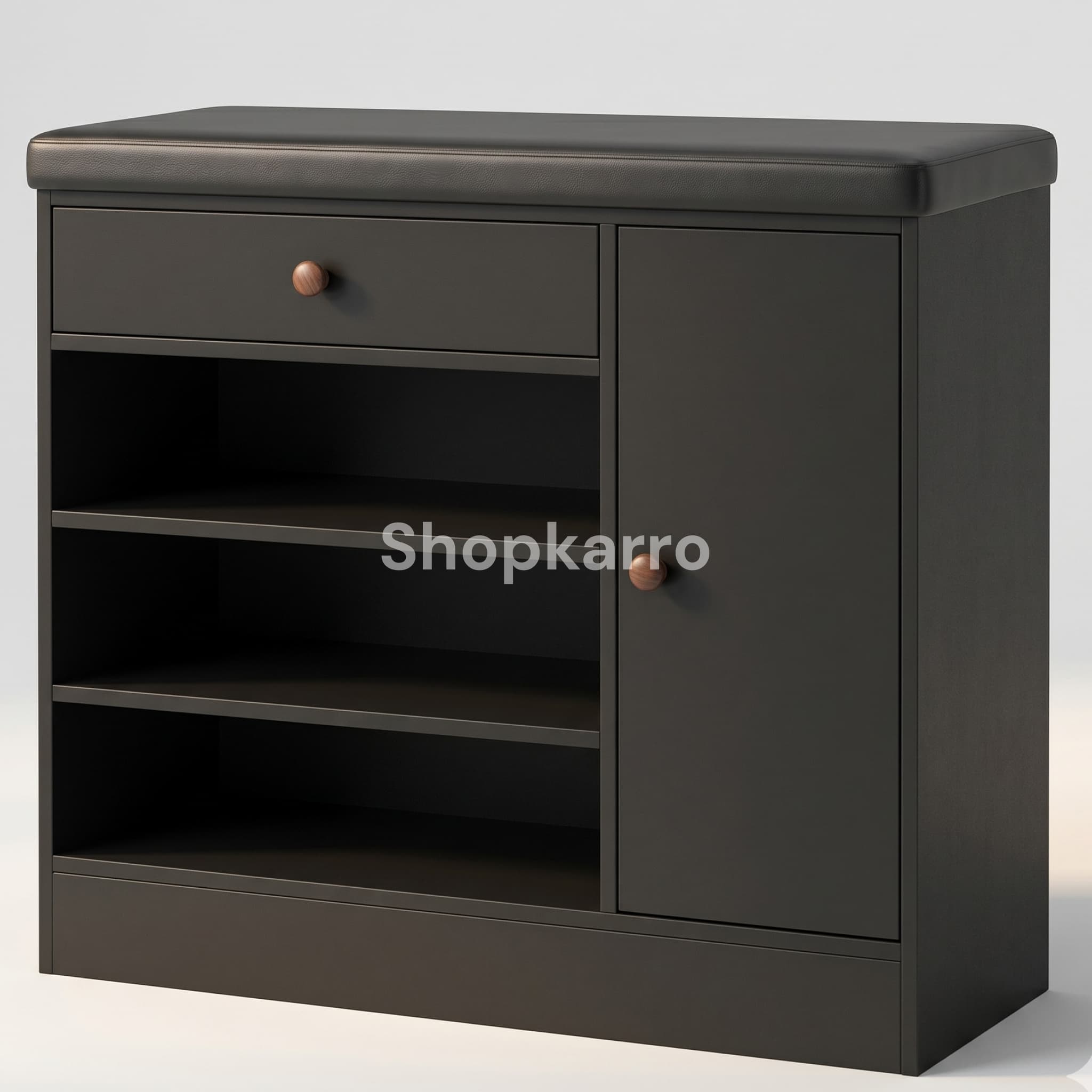 Angled view of Astor Shoe Organizer showing depth, cushioned seat top and side boot cabinet door