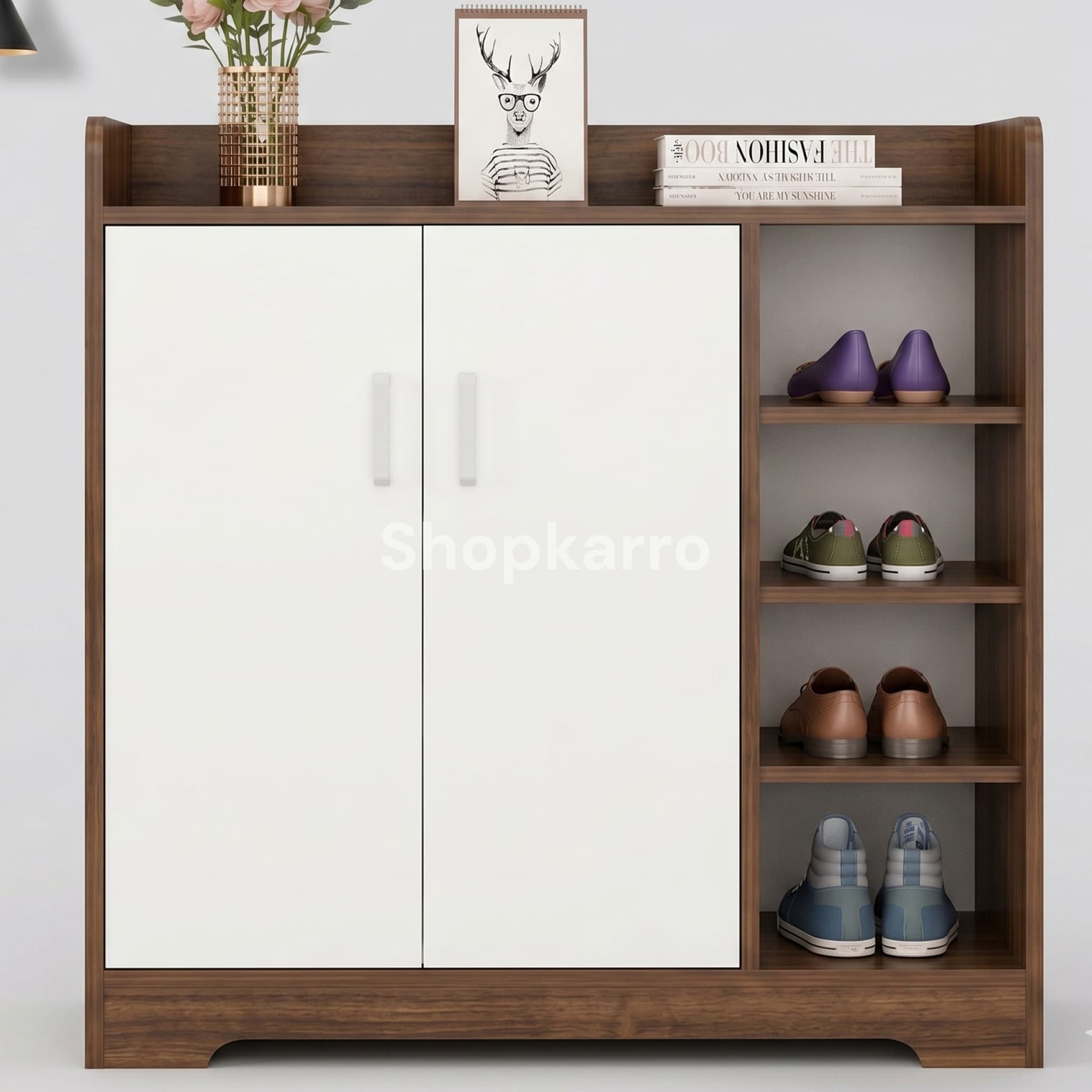 Front view of Zon Step Shoe Organizer showing walnut body, white double door cabinet and 4-tier open side racks