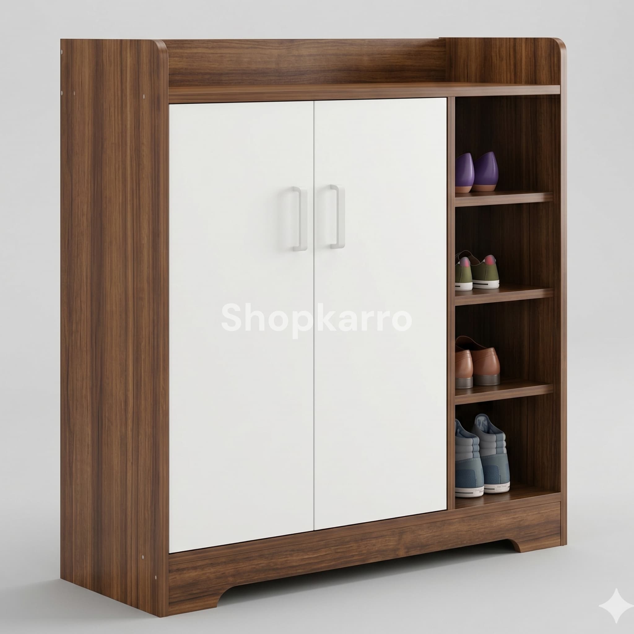 Angled view of Zon Step Shoe Organizer showing slim depth, PVC edging and dual-tone walnut white finish