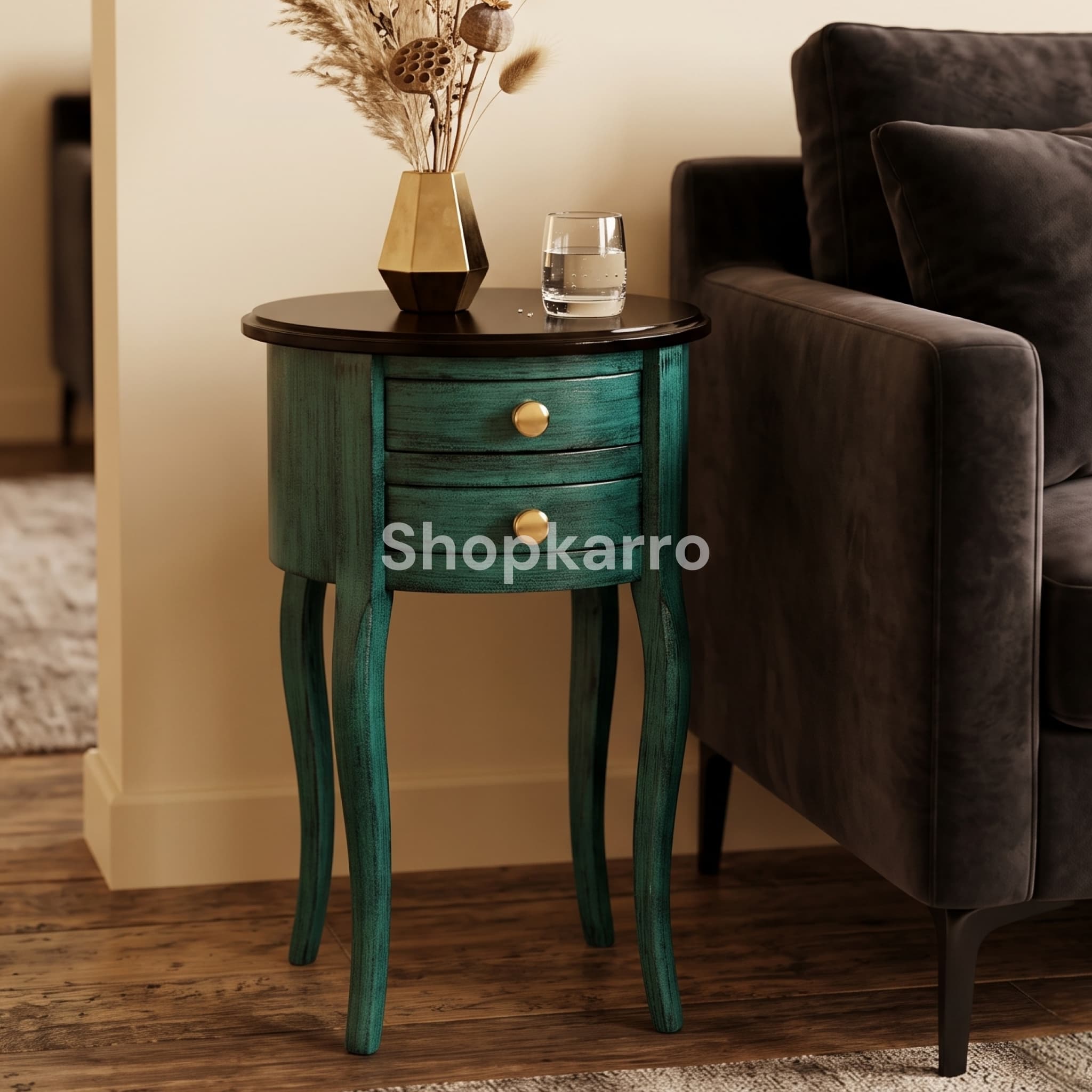 Front view of Bliss Teal Wooden Table showing teal distressed body, black round top, brass knobs and curved cabriole legs