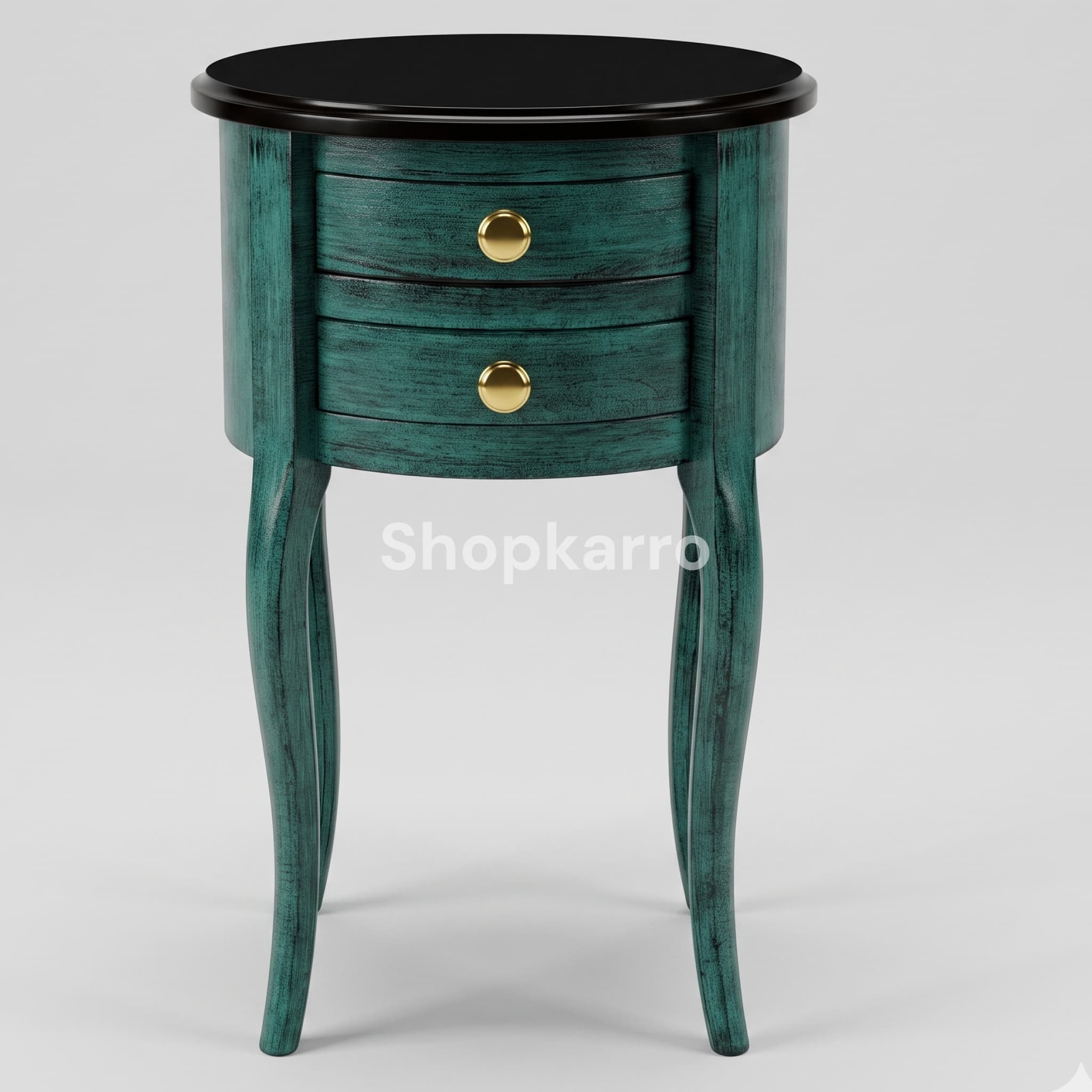 Round teal side table with brass knobs placed beside dark velvet sofa in modern living room