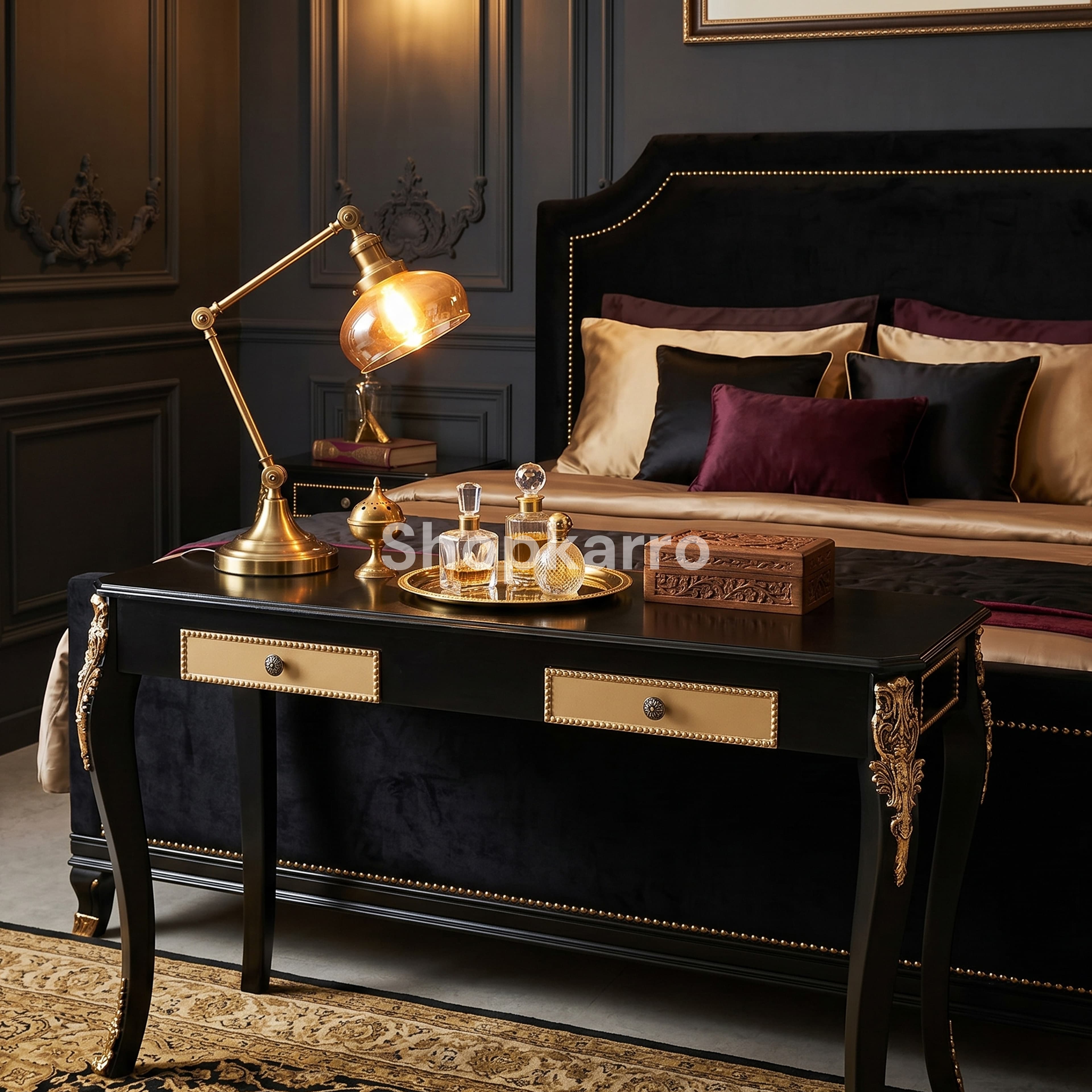 Emperor Noir Console side angle carved gold leg detail Shopkarro