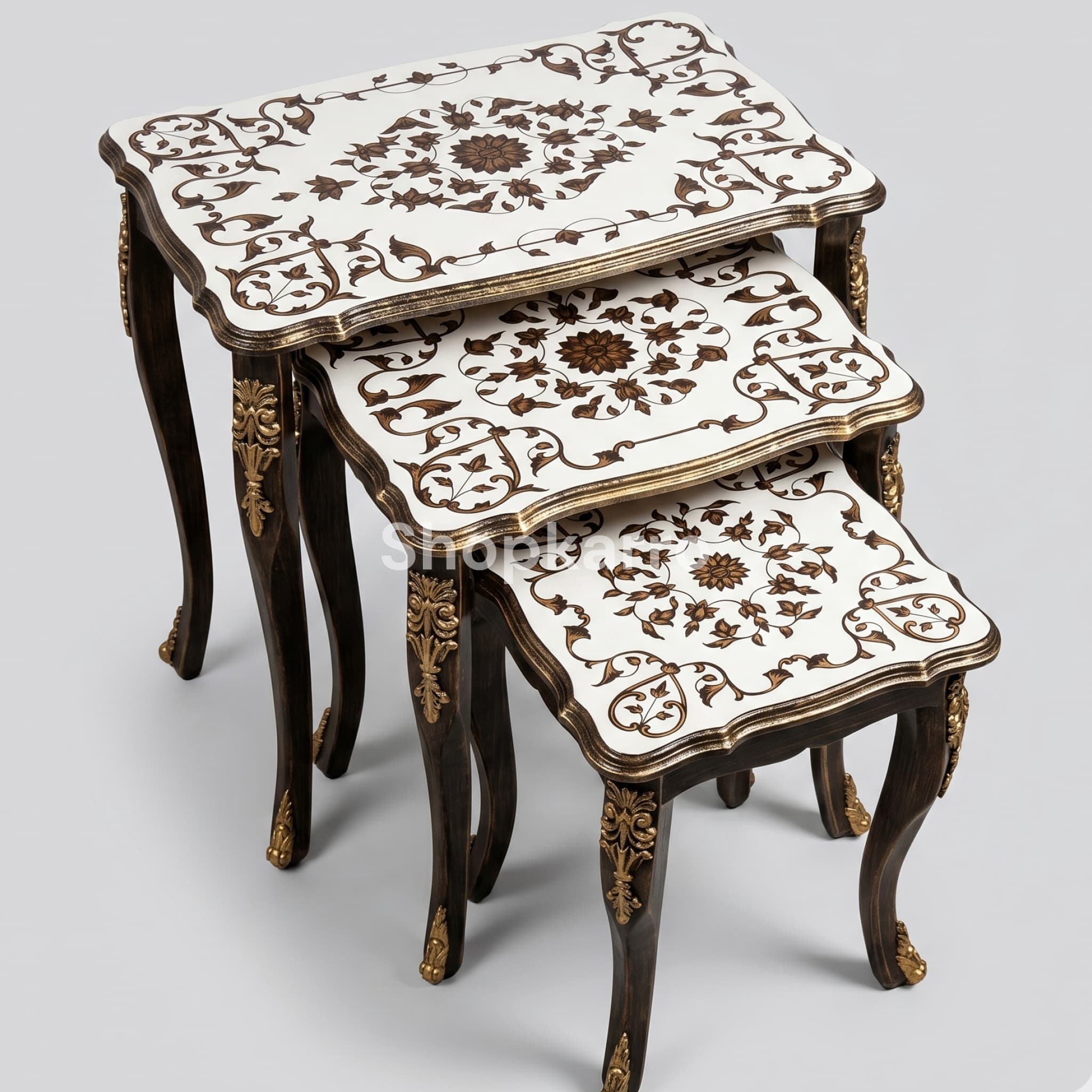 All three Divine Bloom Nesting Tables in horizontal row showing graduating sizes and full mandala pattern tops