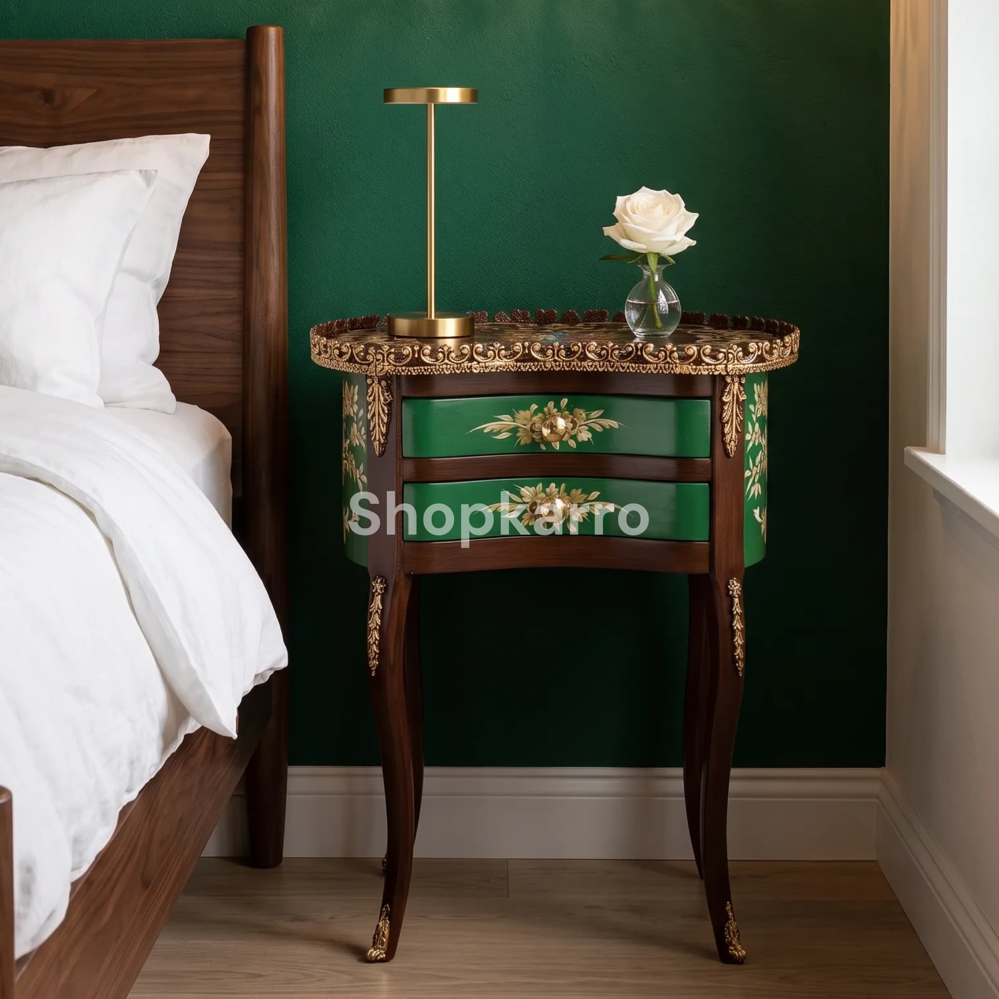Vintage Jade Wooden Table – kidney shaped dark brown hand-painted naqashi side table with jade green drawers, gold border trim and claw feet, PKR 14999, Pakistan