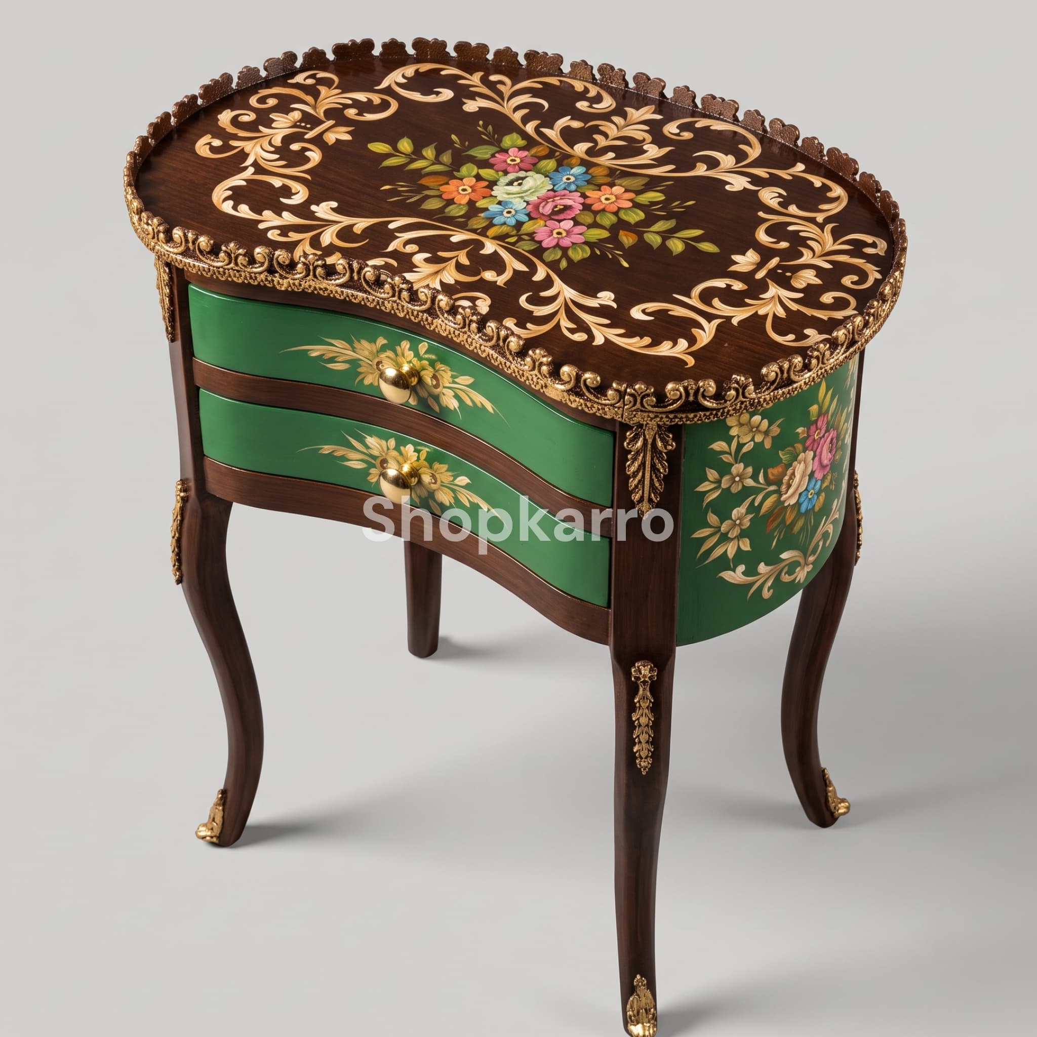 Angled view of Vintage Jade Wooden Table showing kidney shape depth, naqashi top and side hand-painted floral panel