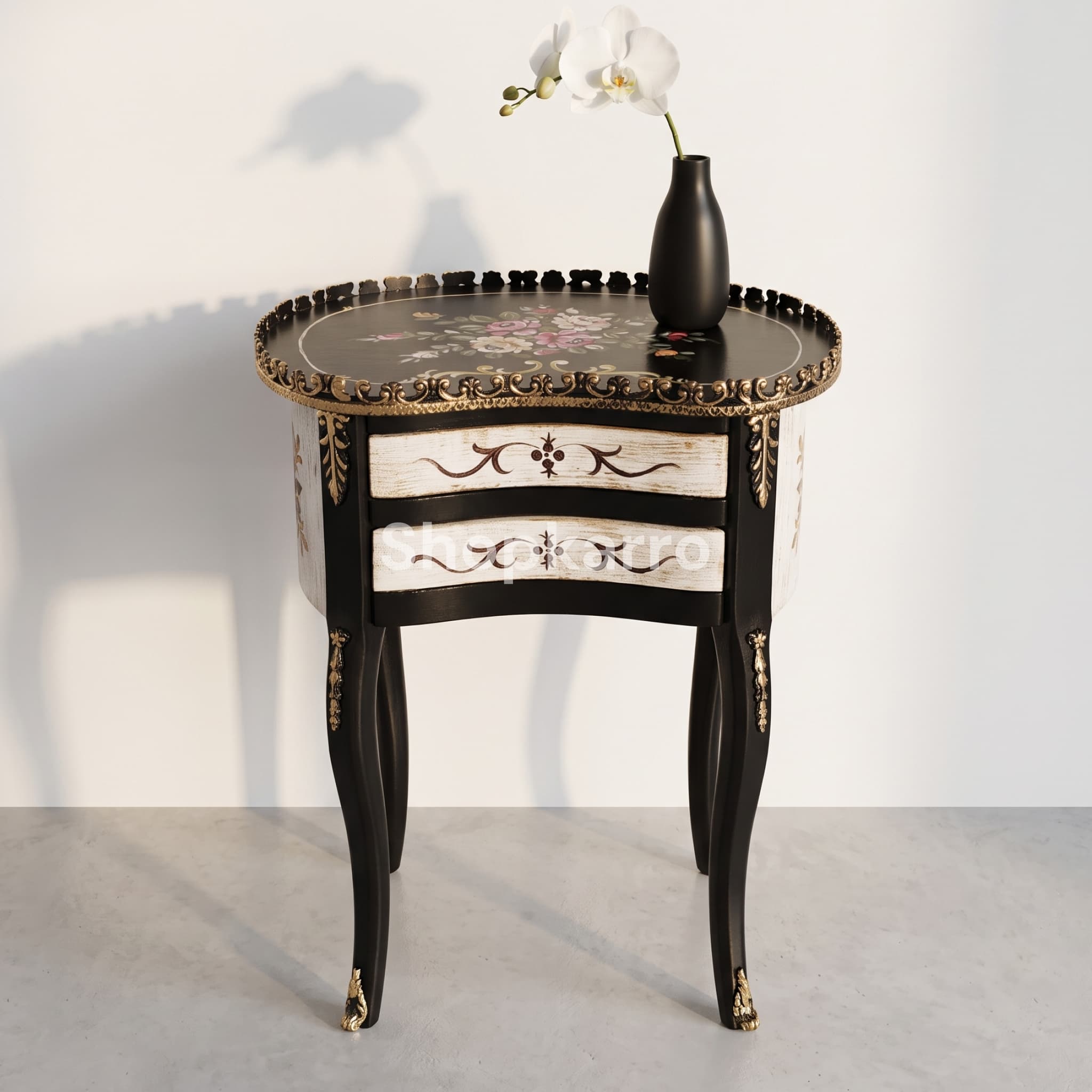 Daisy Blossom Wooden Table against clean white wall with minimal styling and soft shadow