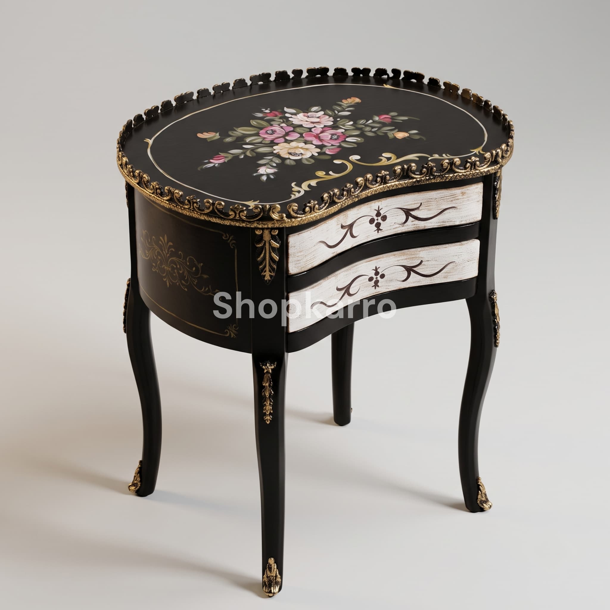 Close-up of hand-painted floral bouquet in white oval frame on black lacquered kidney shaped tabletop