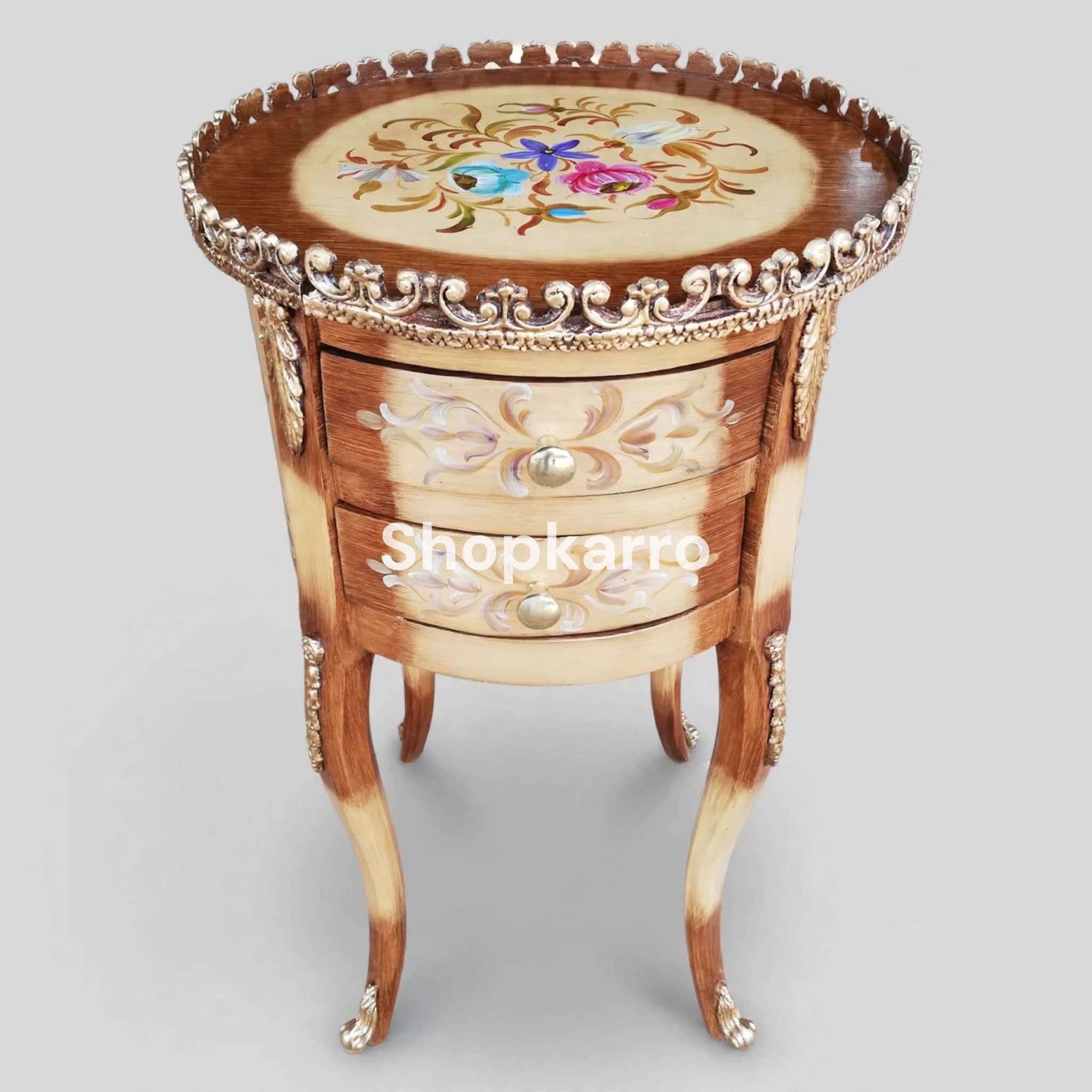 Victorian Meadow Wooden Table – round dark walnut and cream hand-painted naqashi floral side table with gold border and cream drawers, PKR 14999, Pakistan