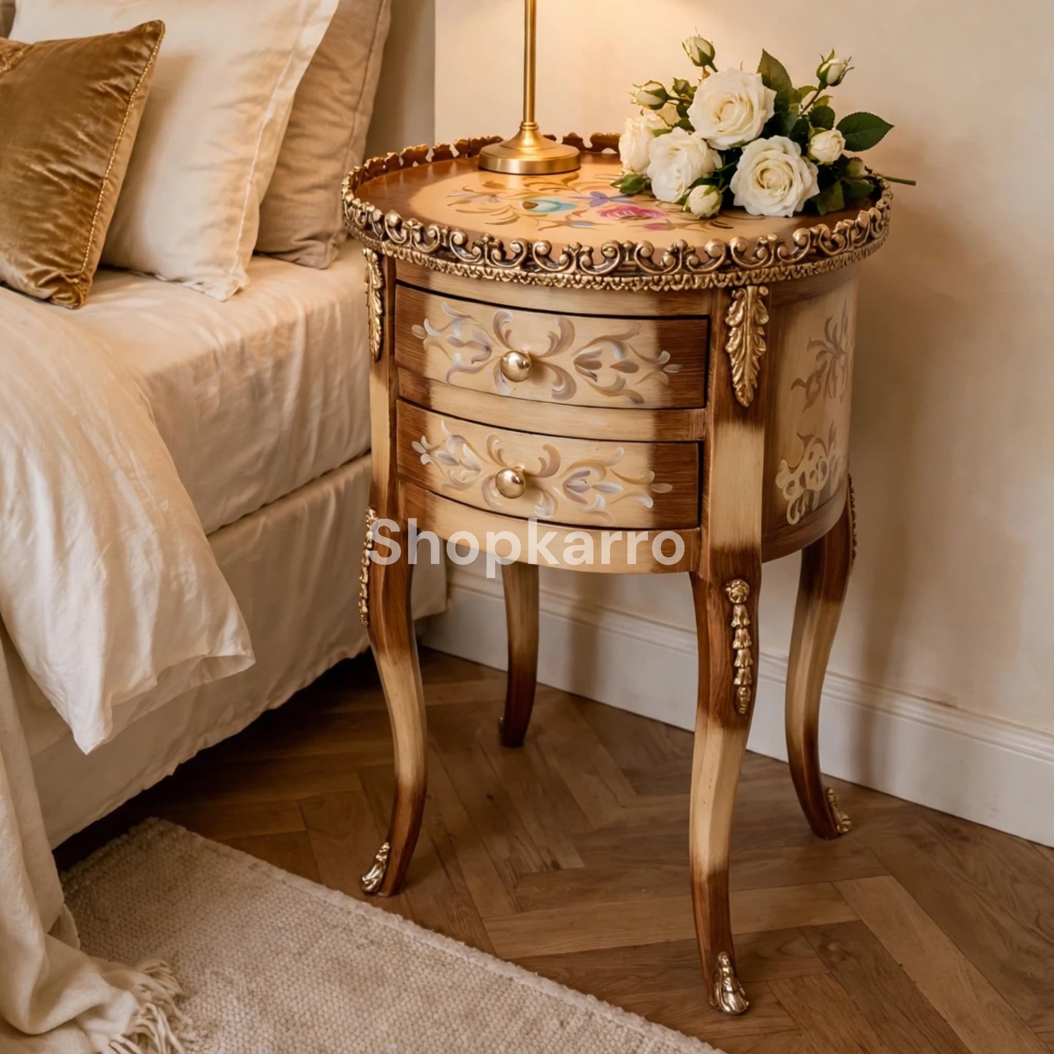 Victorian Meadow Wooden Table as bedside piece in elegant cream and gold bedroom