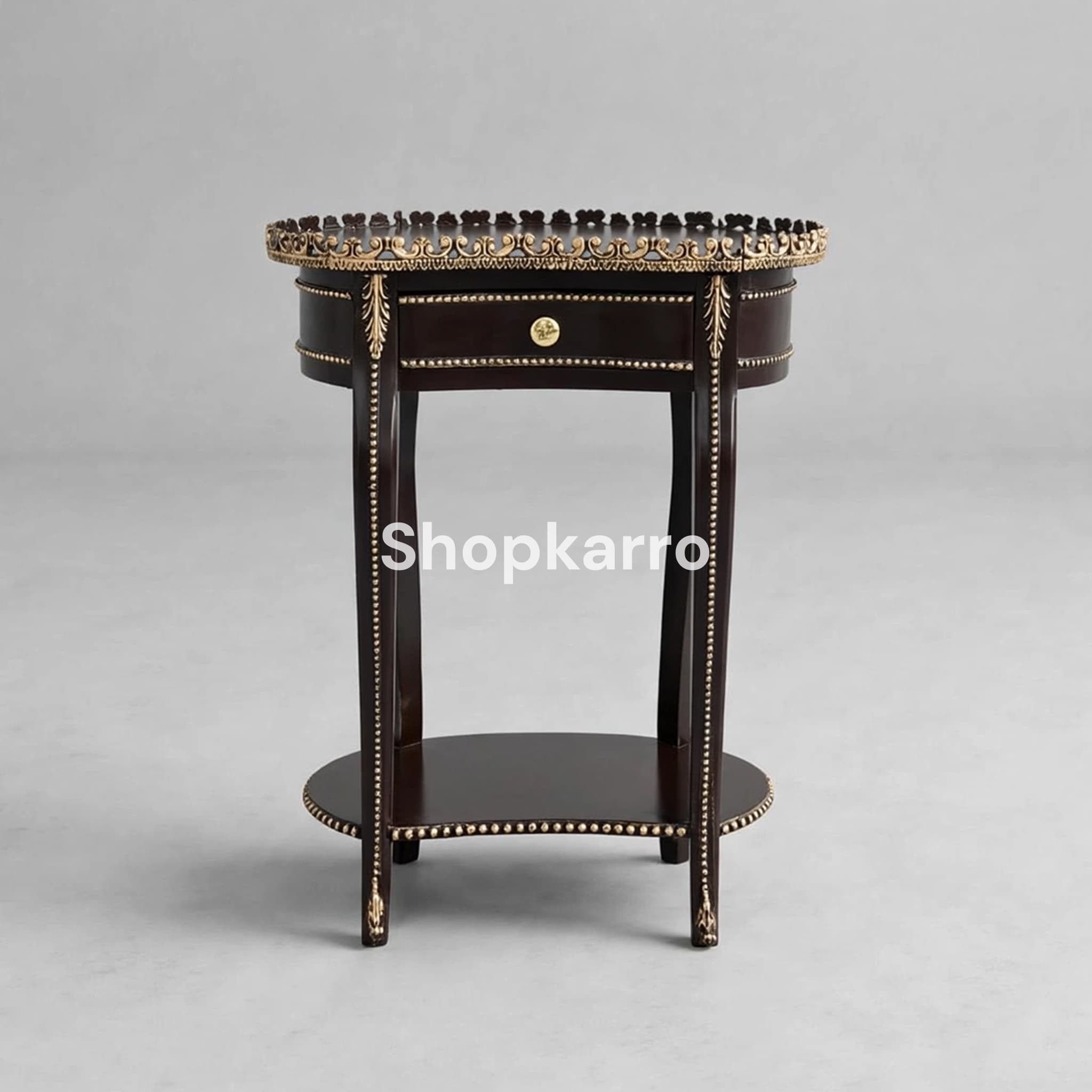 Majestic Crown Wooden Table – kidney shaped dark chocolate side table with gold beaded trim, single drawer and lower display shelf, PKR 19500, Pakistan