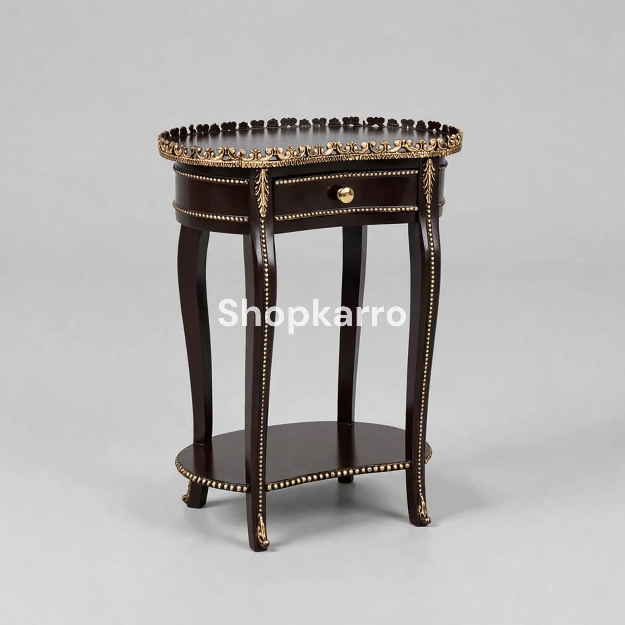 Angled view of Majestic Crown Wooden Table showing two-tier design depth and gold trim detail