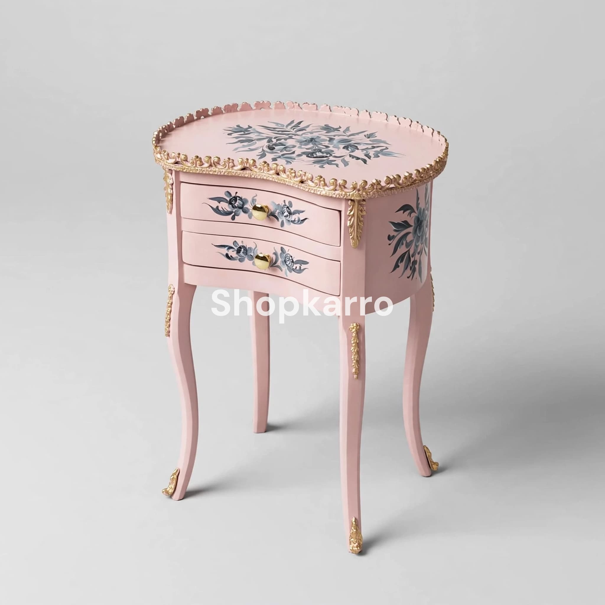 Angled view of Pink Flora Wooden Table showing body depth, side floral panel and gold claw feet