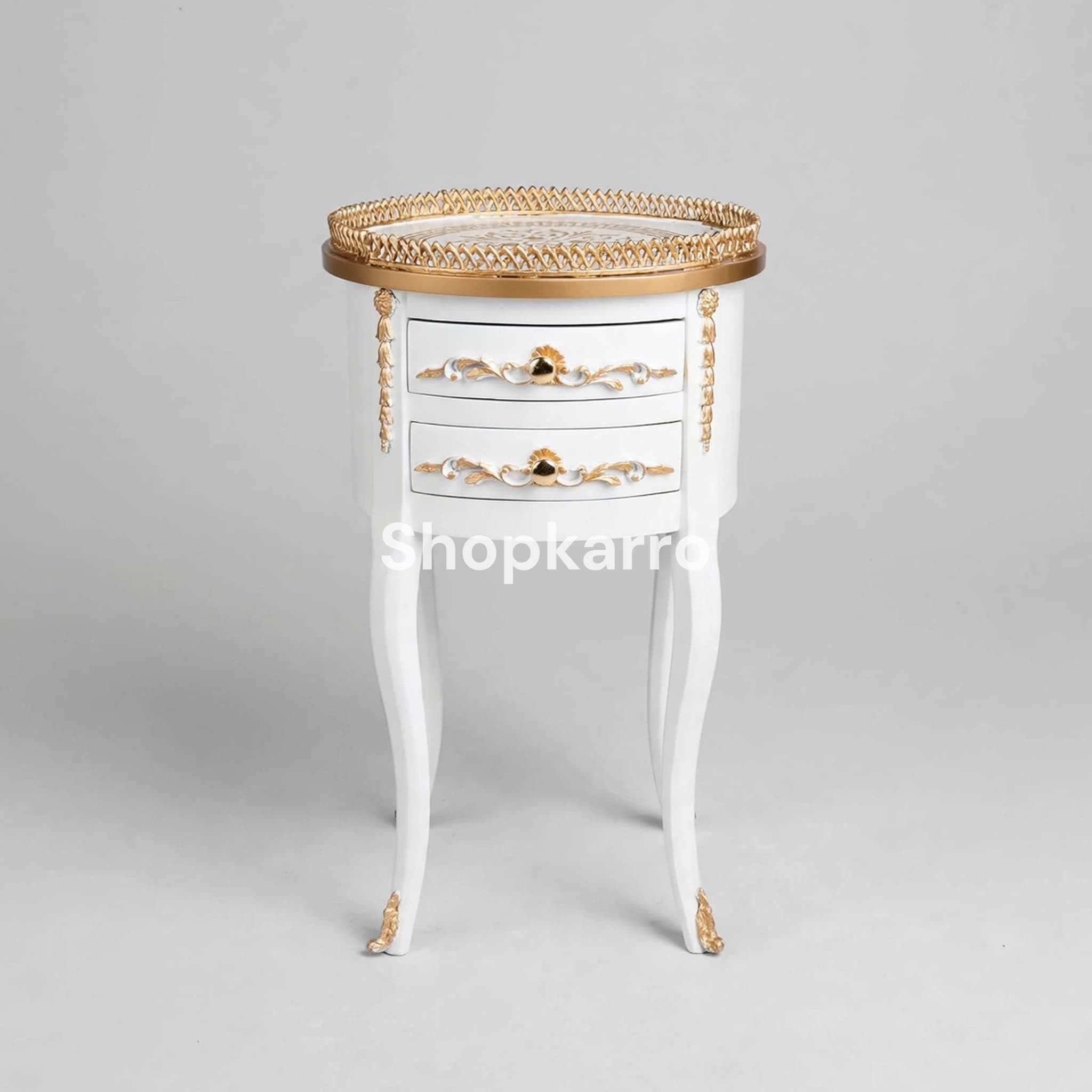 photo side	Royal Splendor Wooden Table – white round side table with gold Grecian pattern top, lattice fence border, carved drawers and gold claw feet, PKR 14999, Pakistan