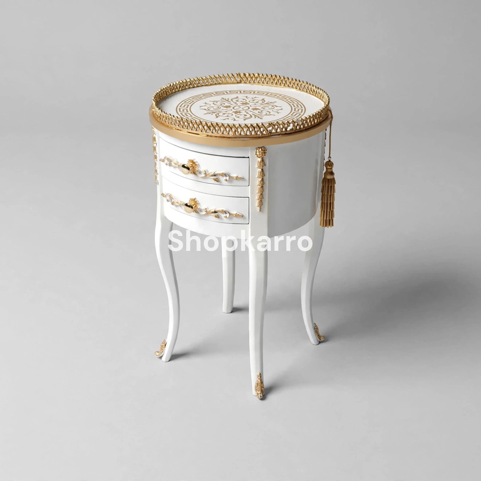 Angled view of Royal Splendor Wooden Table showing circular depth, gold fence border and side tassel drop