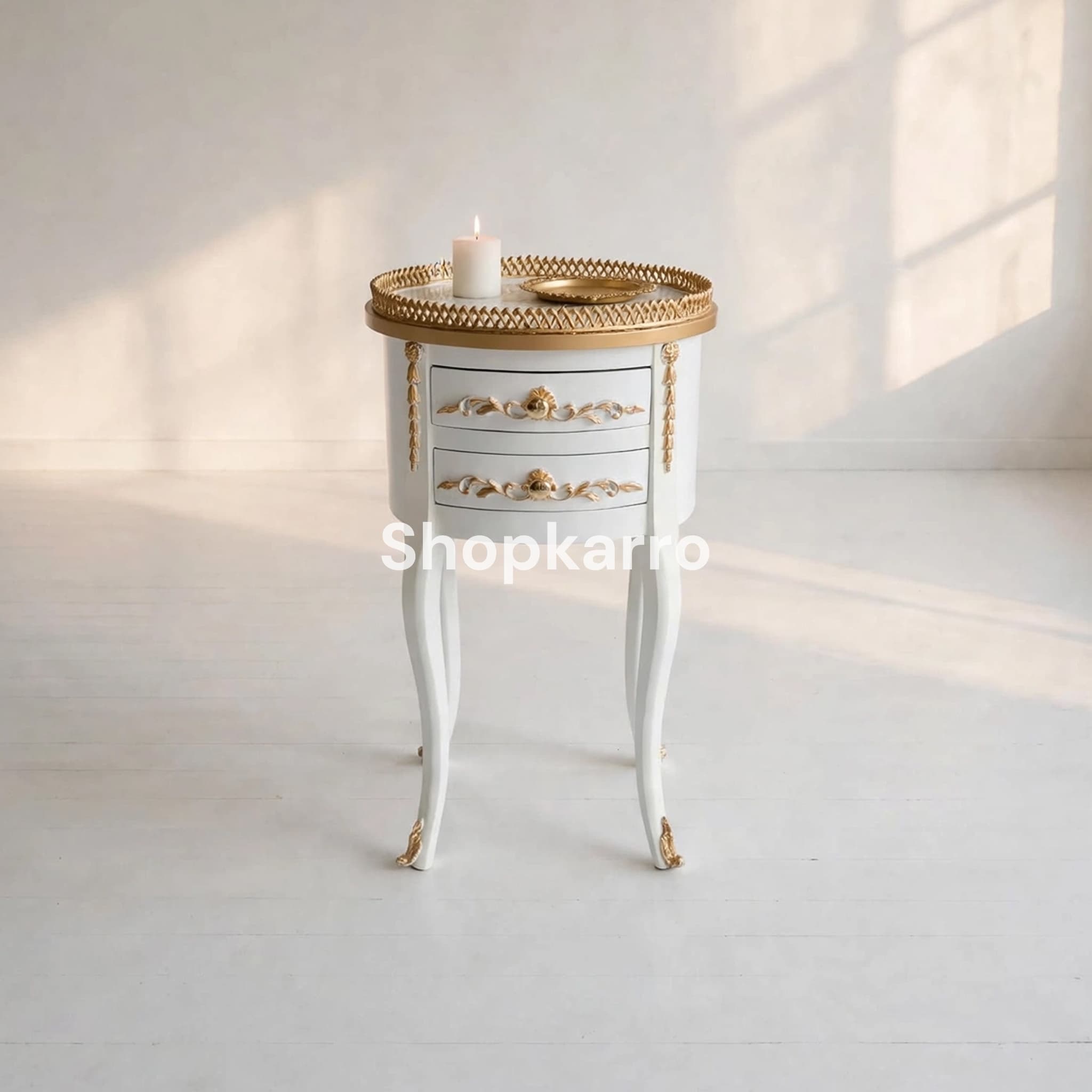 Front view of Royal Splendor Wooden Table on gray background showing full white and gold detail