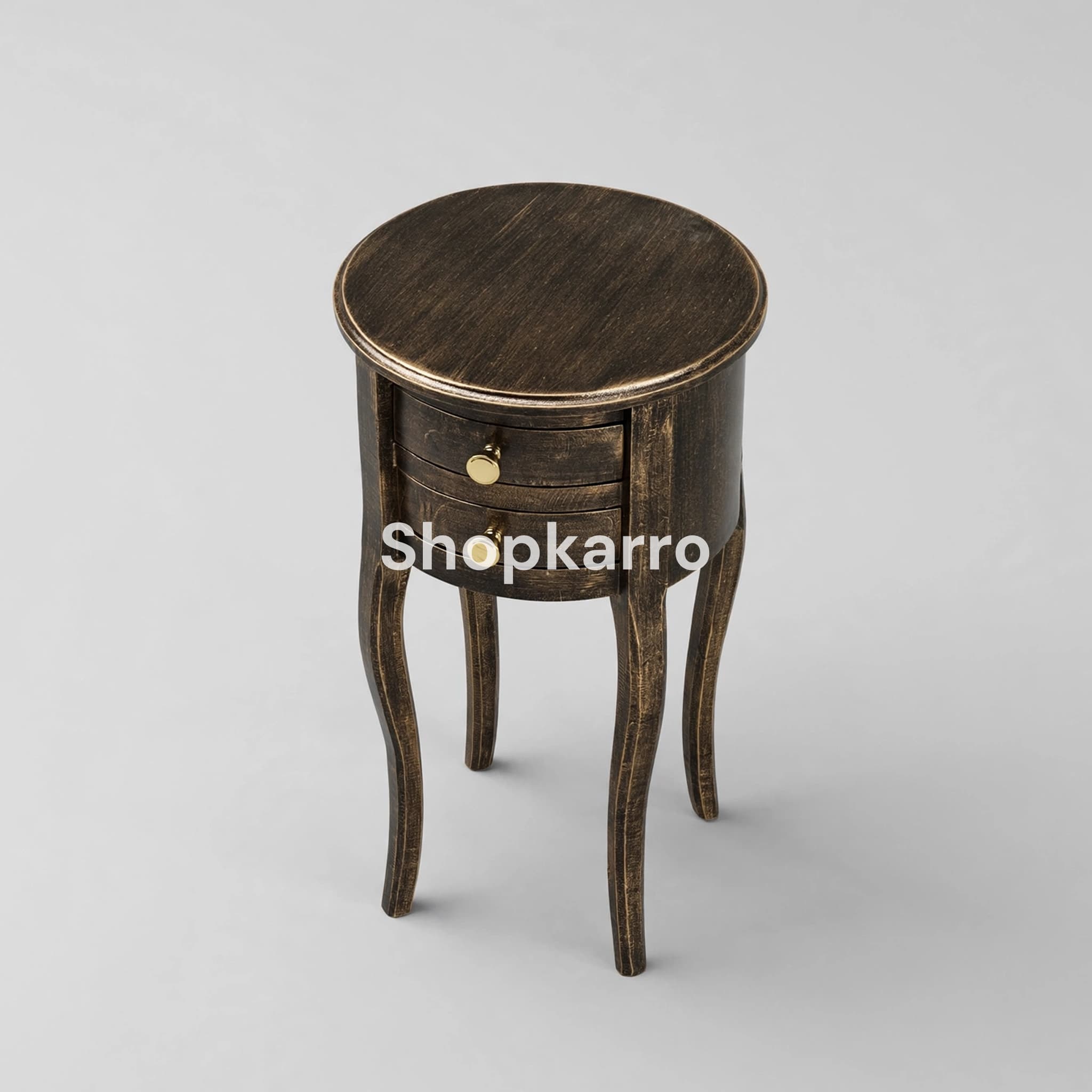 Overhead angled view of Serene Antique Wooden Table showing round top and gold distressed texture