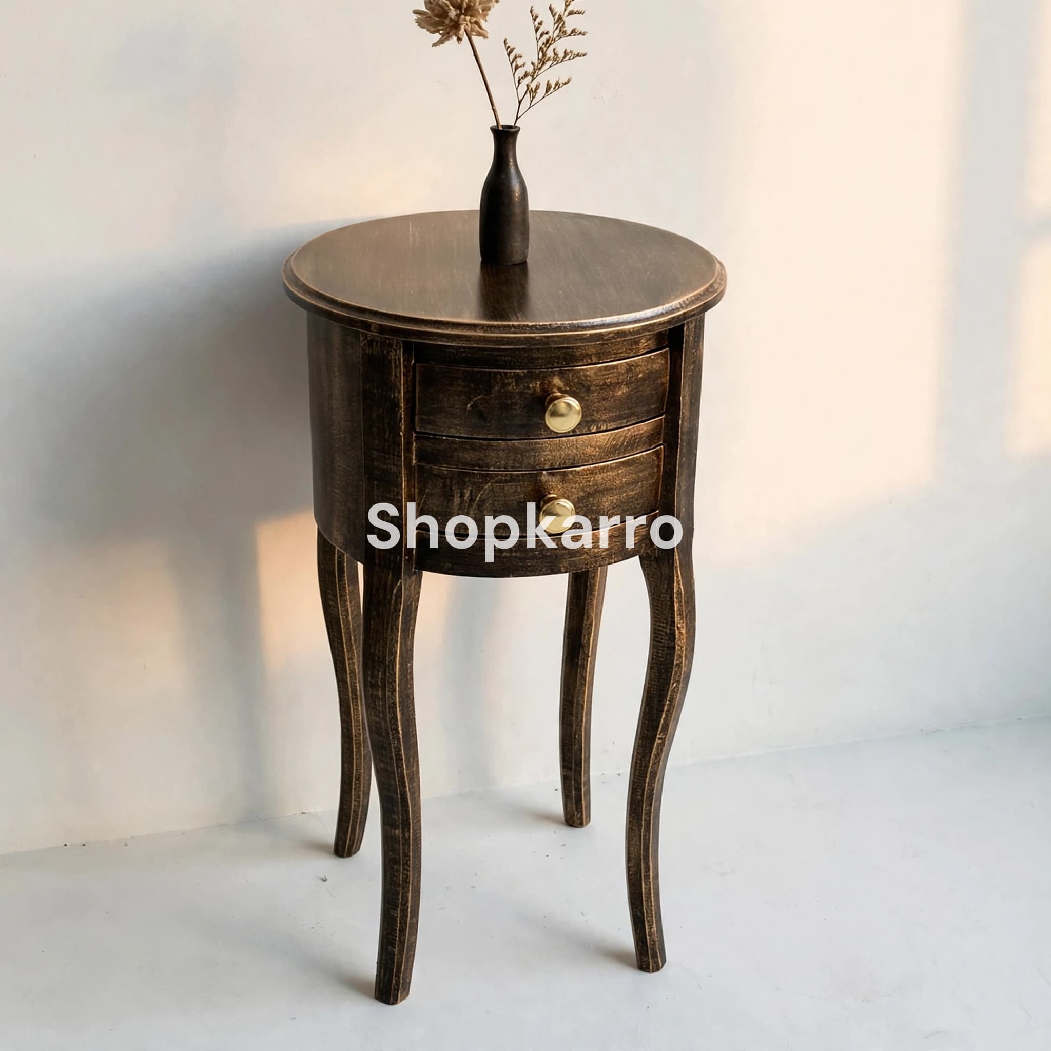 Serene Antique Wooden Table against clean white wall creating dark antique and white contrast