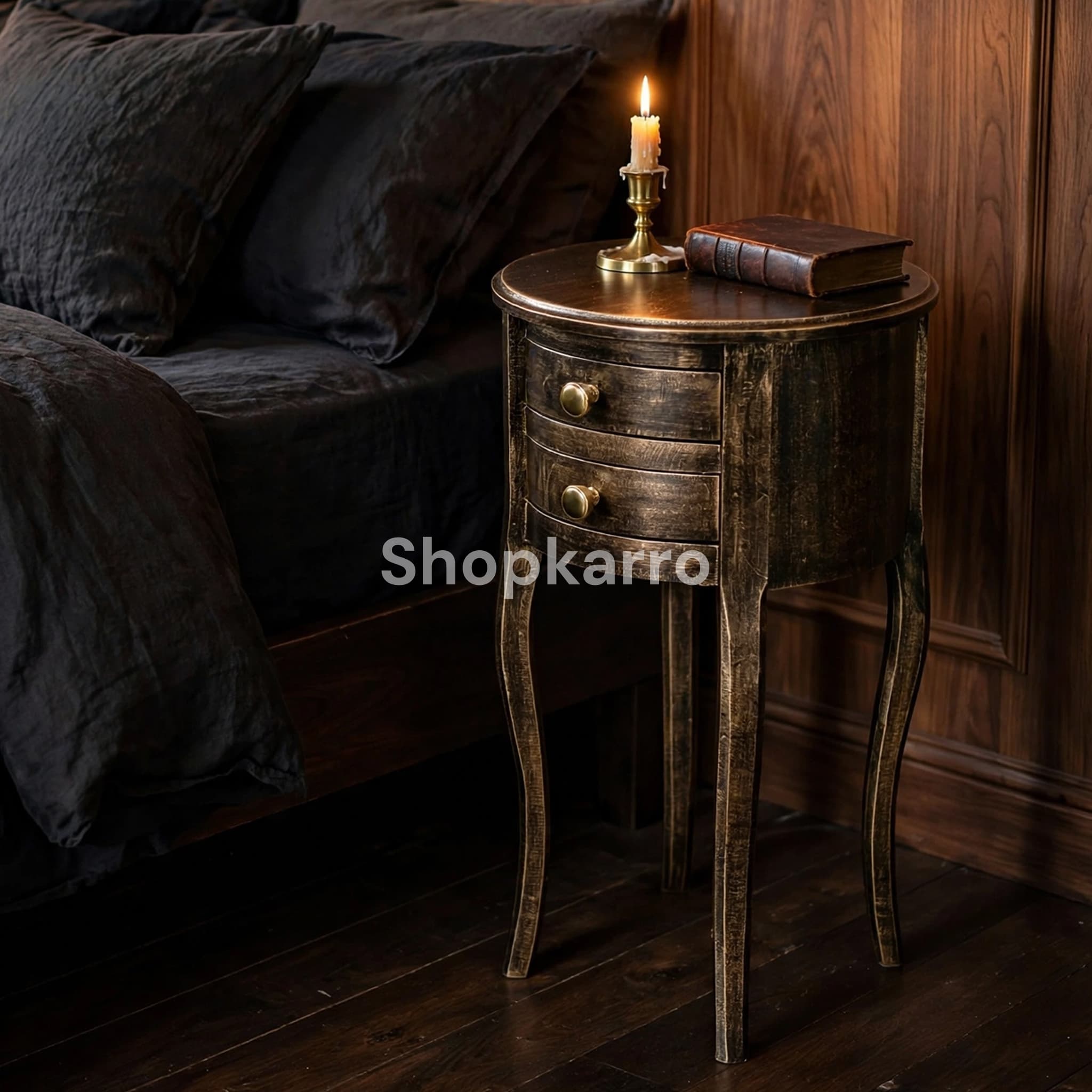 Serene Antique Wooden Table – round dark espresso hand-brushed gold distressed texture side table with two drawers and brass knobs, PKR 14500, Pakistan