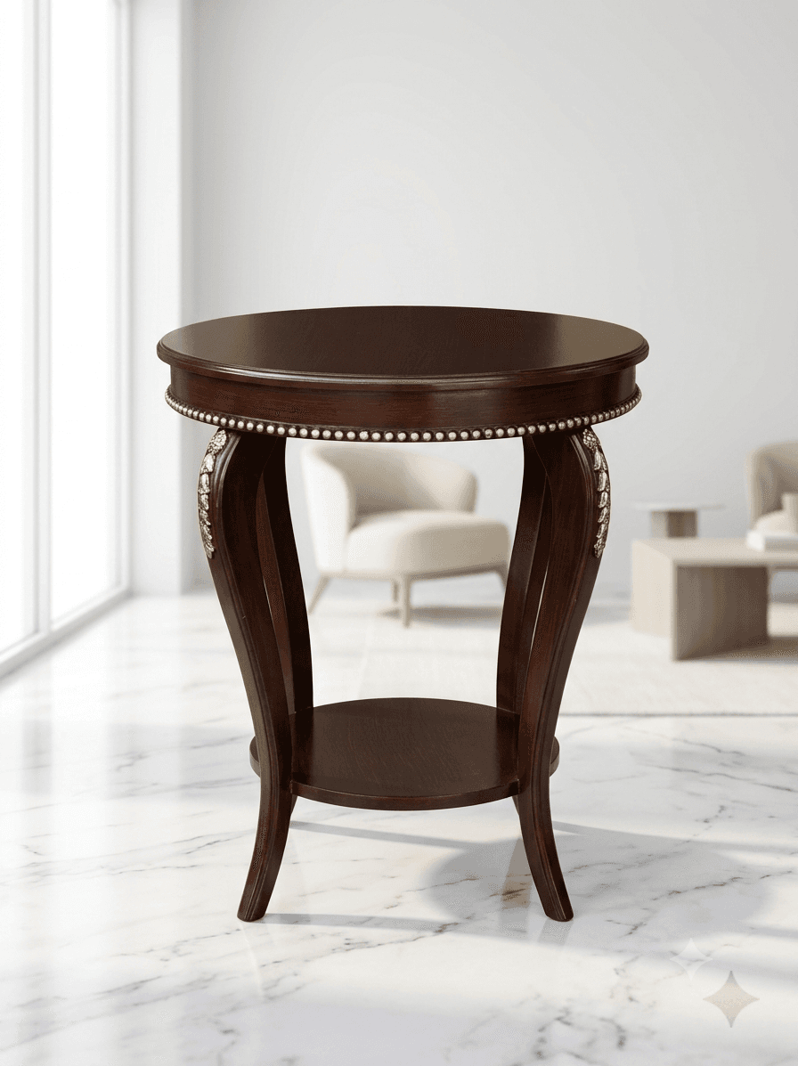 Zion Vintage French End Table with dark walnut finish, brass ring handles, and curved cabriole legs in a modern living room corne