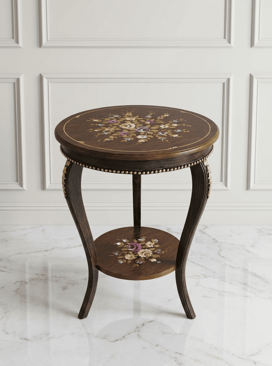 Close-up view of Eden Vintage End Table's curved cabriole legs with gold beaded trim and antique brass accents