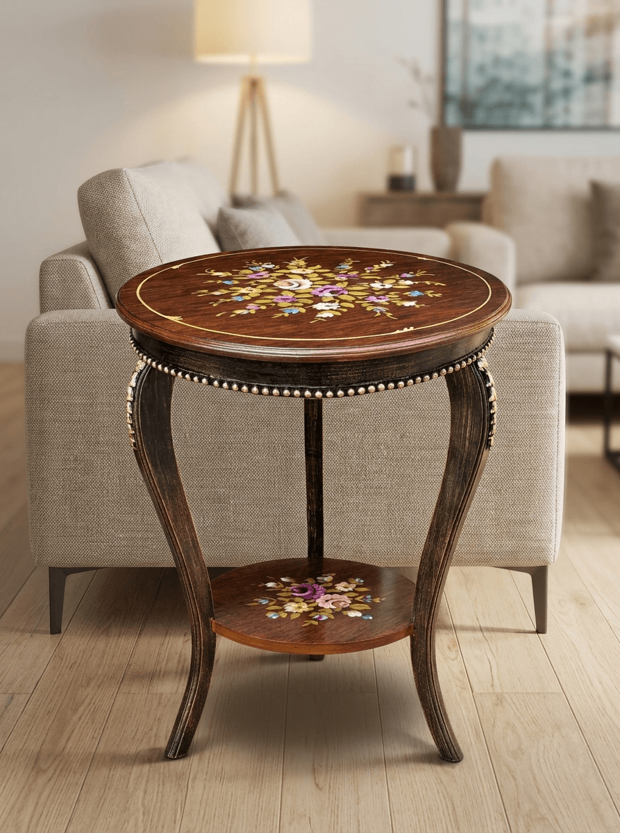 Eden Vintage French End Table styled in an elegant living room corner with hand-painted floral tabletop design