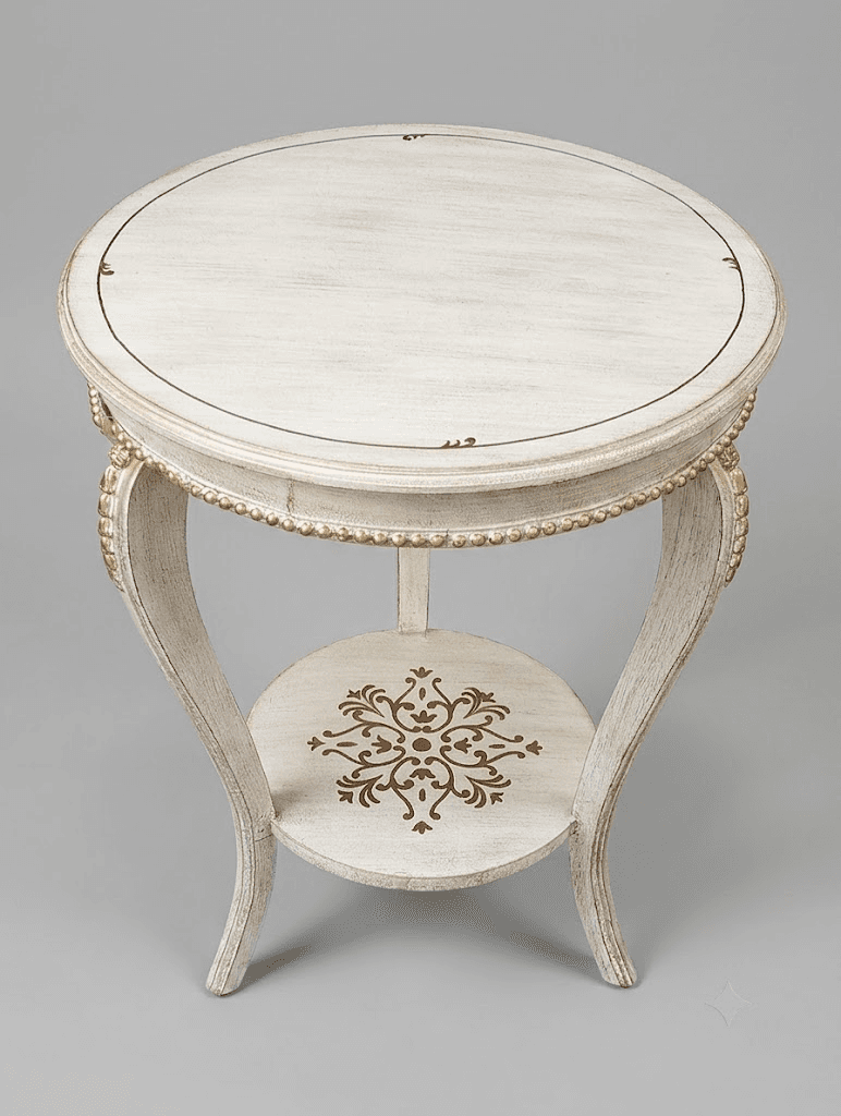 Grand Alabaster French End Table with alabaster white finish, gold beaded trim, and hand-painted Naqashi medallion
