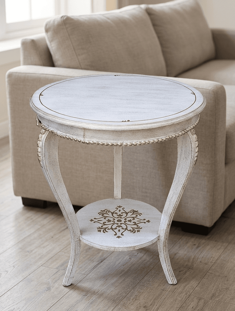 Grand Alabaster End Table featuring a hand-painted gold medallion design on the lower display shelf