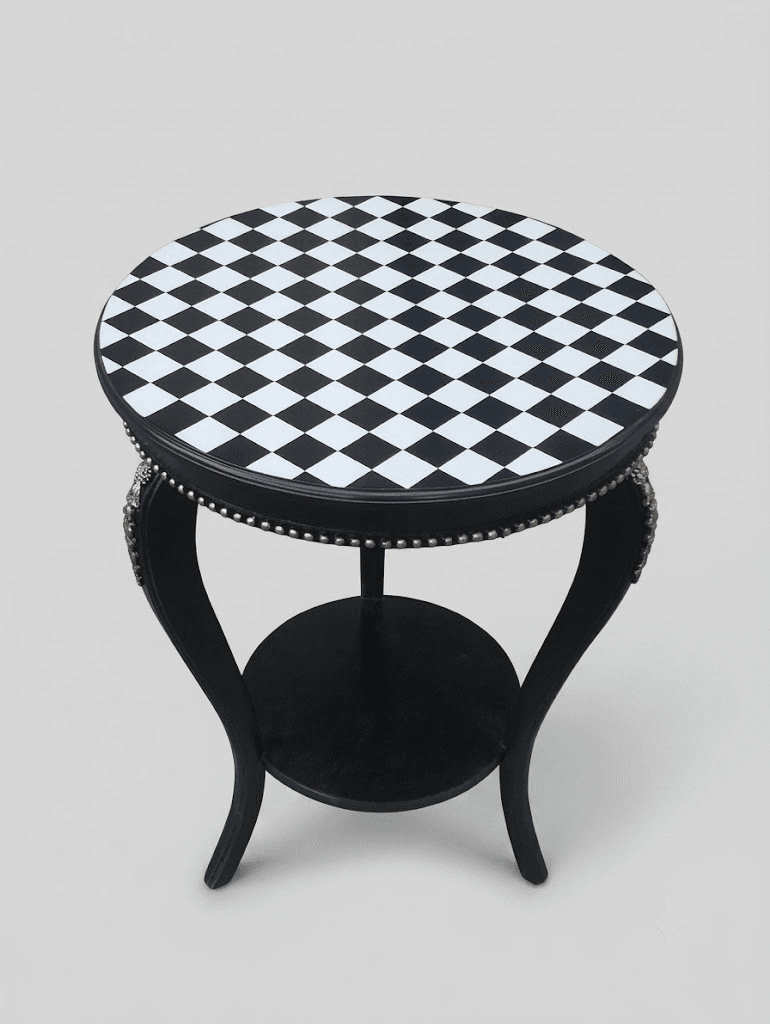 Twilight Geometric End Table featuring gold beaded trim and ornate brass leg accents on matte black base