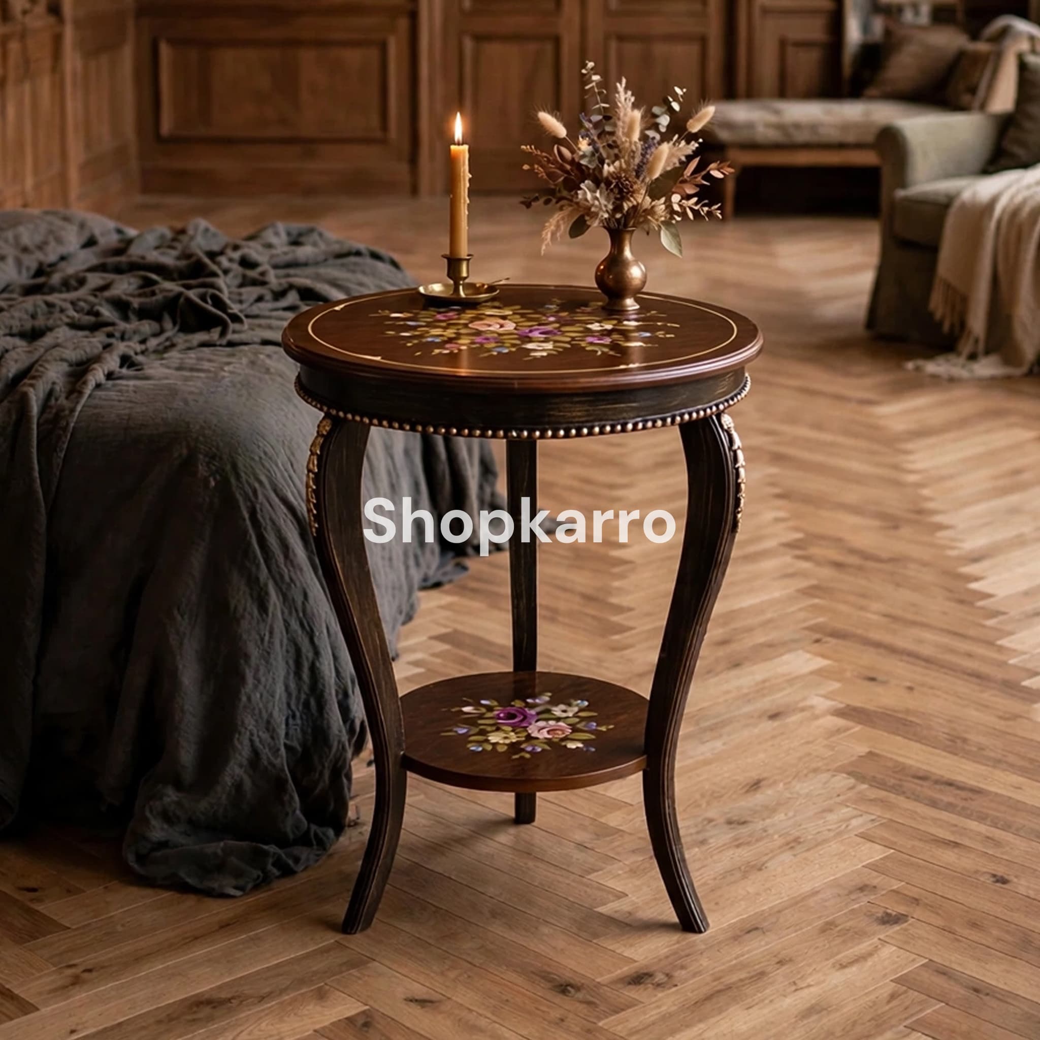 Eden Vintage French End Table beside bed in elegant walnut bedroom
