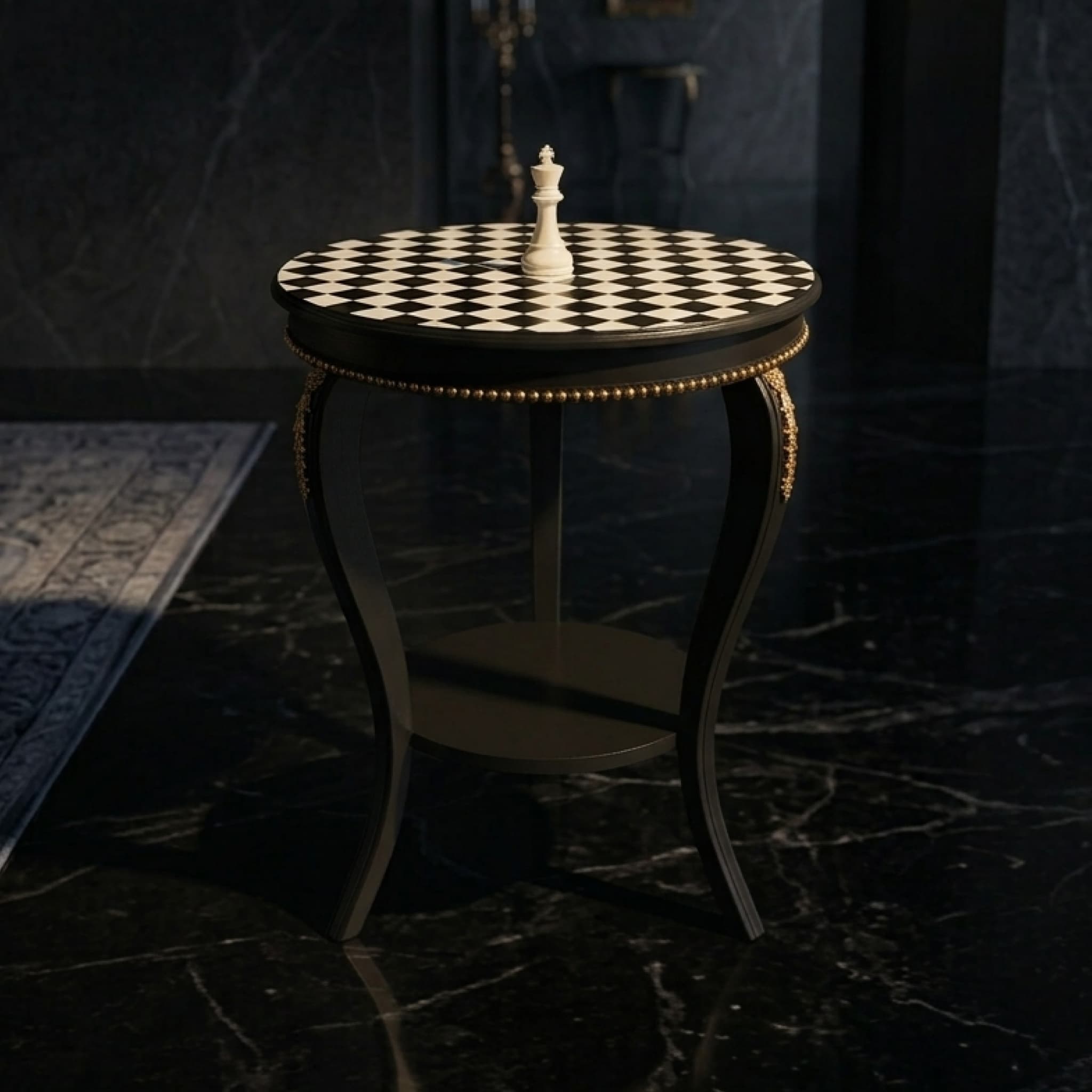 	Front view of Twilight Geometric French End Table showing black checkerboard top, gold beading and black lower shelf