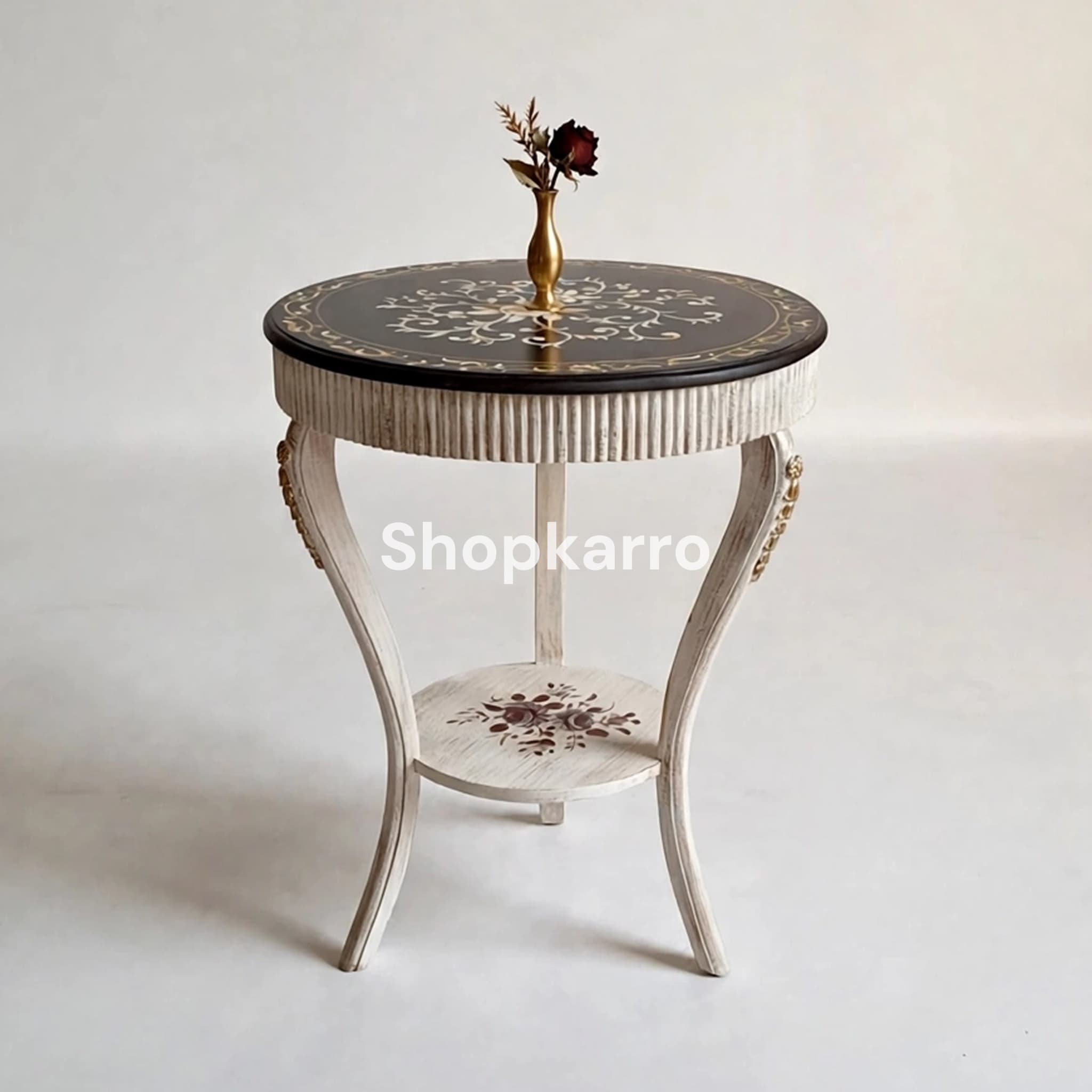 Front view of Royal Blossom French End Table showing brown arabesque top, ivory fluted apron and lower rose shelf