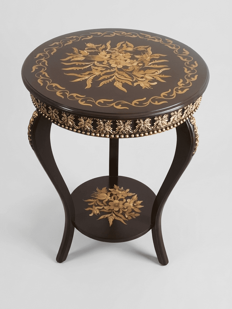Meadow Muse French End Table with deep walnut finish and hand-painted golden floral Naqashi artwork